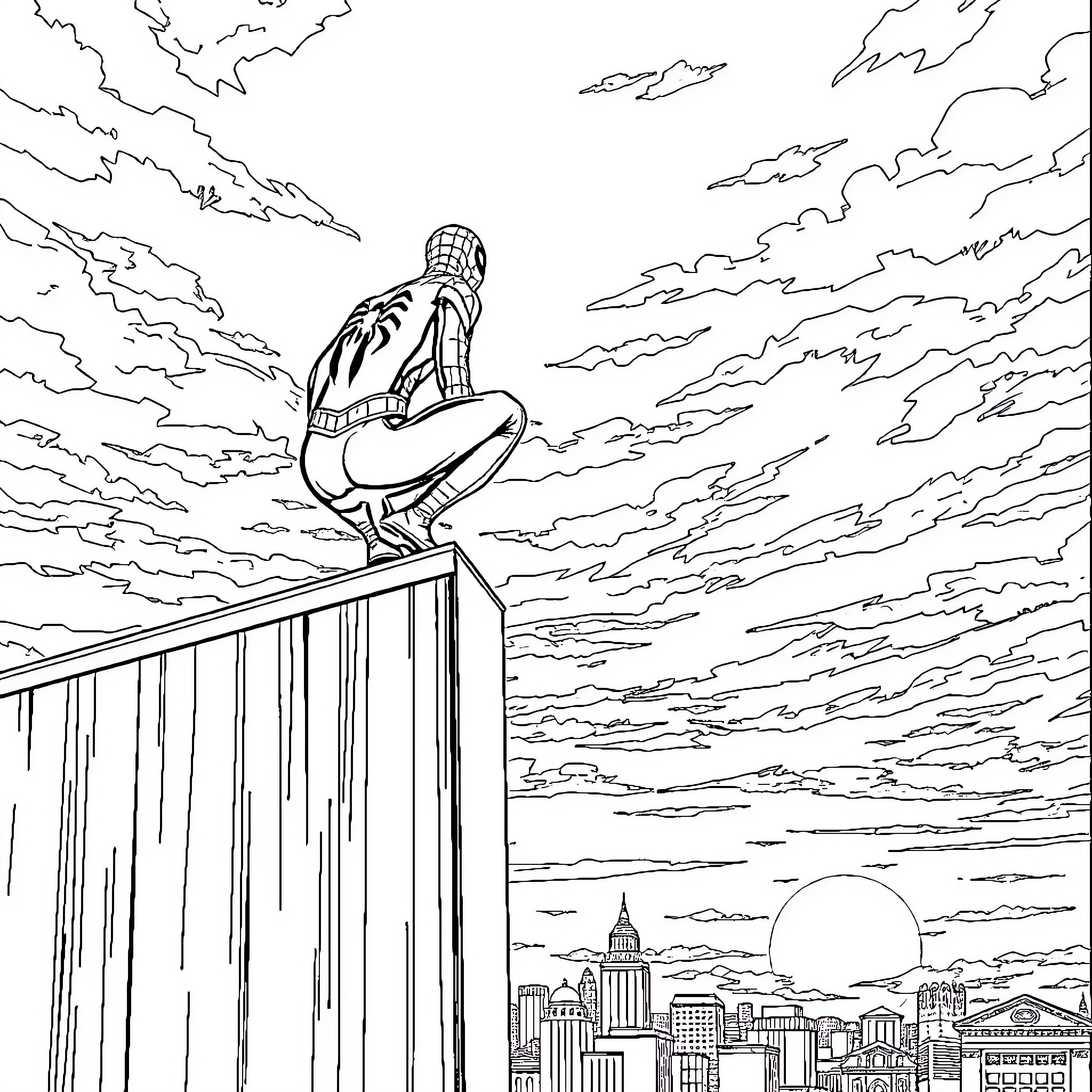 Spiderman overlooking the city skyline Coloring Page (free black-and-white line drawing printable PDF for all, from beginners to advanced learners, including children, teens, adults, and seniors)