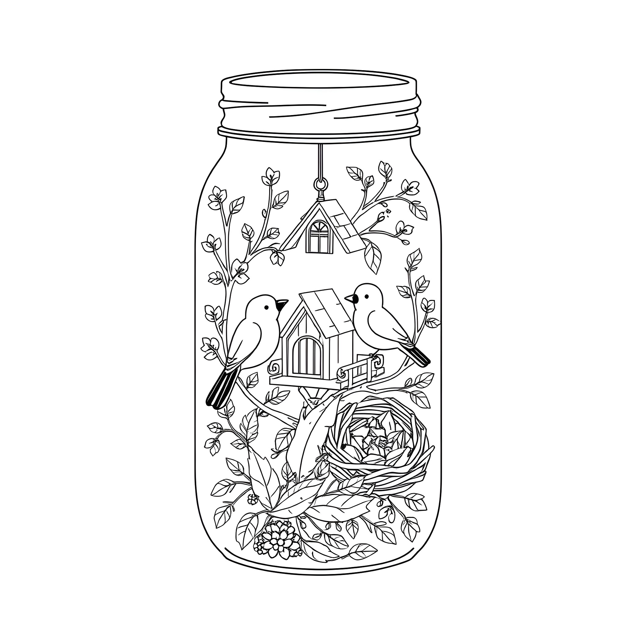 Bird's Home in a Glass Jar with Floral Designs Coloring Page (free black-and-white line drawing printable PDF for all, from beginners to advanced learners, including children, teens, adults, and seniors)