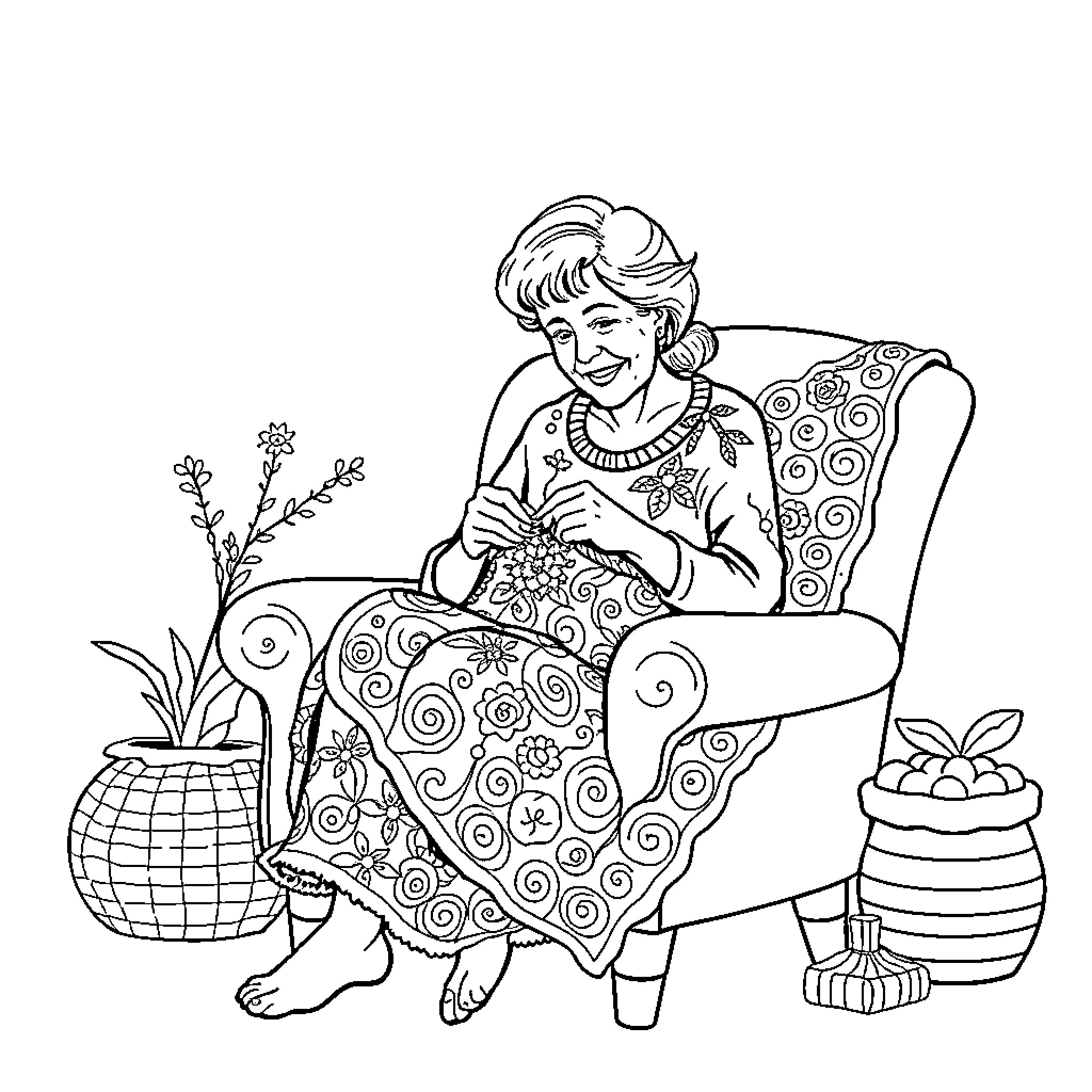Woman embroidering while sitting in a chair Coloring Page (free black-and-white line drawing printable PDF for all, from beginners to advanced learners, including children, teens, adults, and seniors)