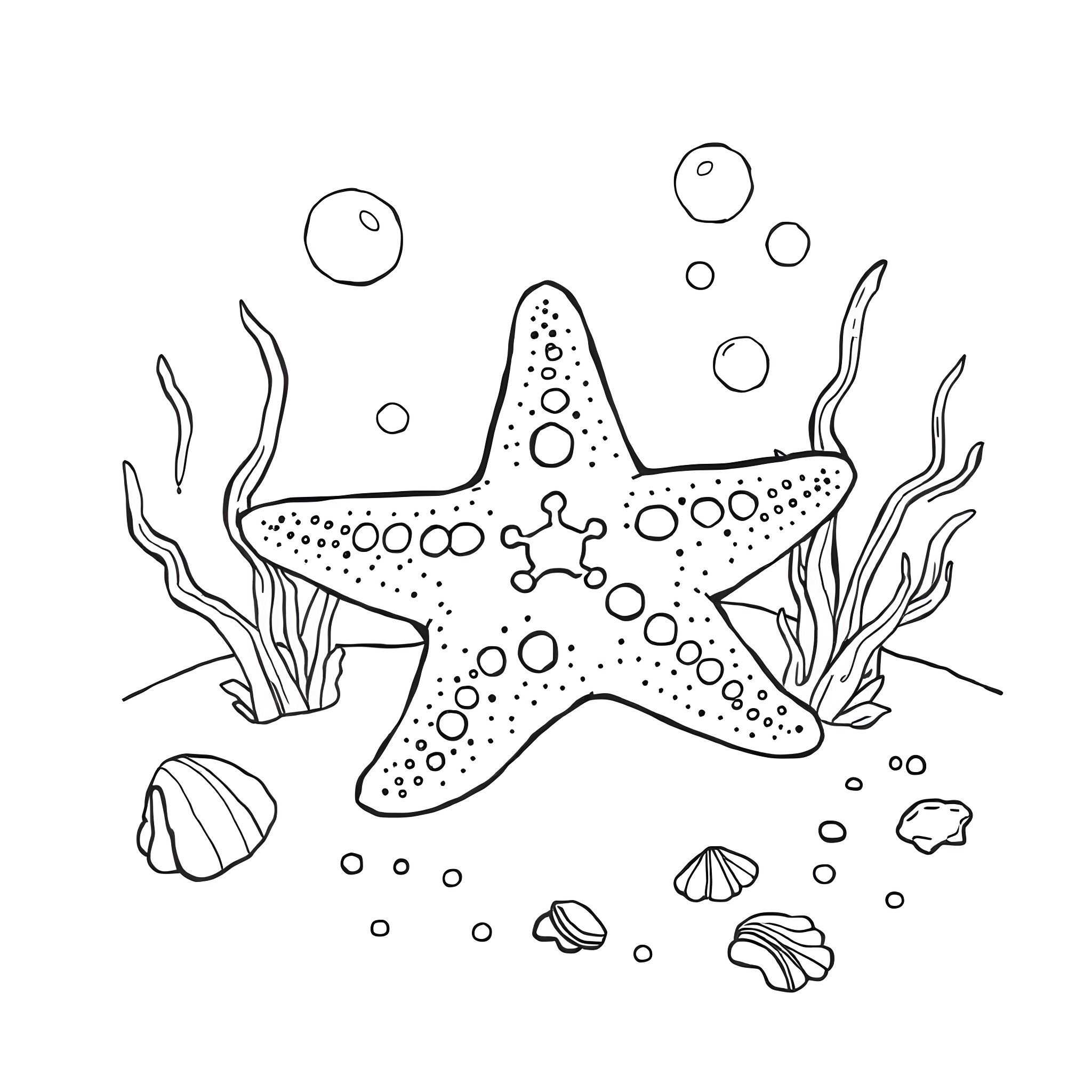 Starfish in the deep sea Coloring Page (free black-and-white line drawing printable PDF for all, from beginners to advanced learners, including children, teens, adults, and seniors)