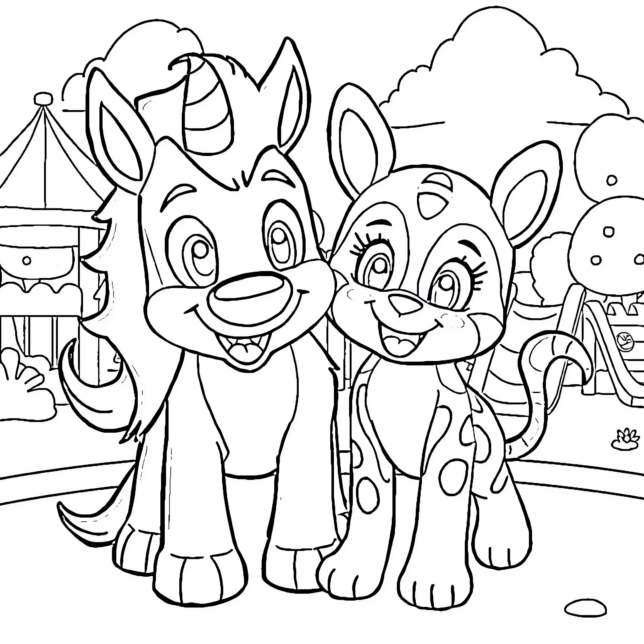 Trotro and friends at the carnival Coloring Page (free black-and-white line drawing printable PDF for all, from beginners to advanced learners, including children, teens, adults, and seniors)