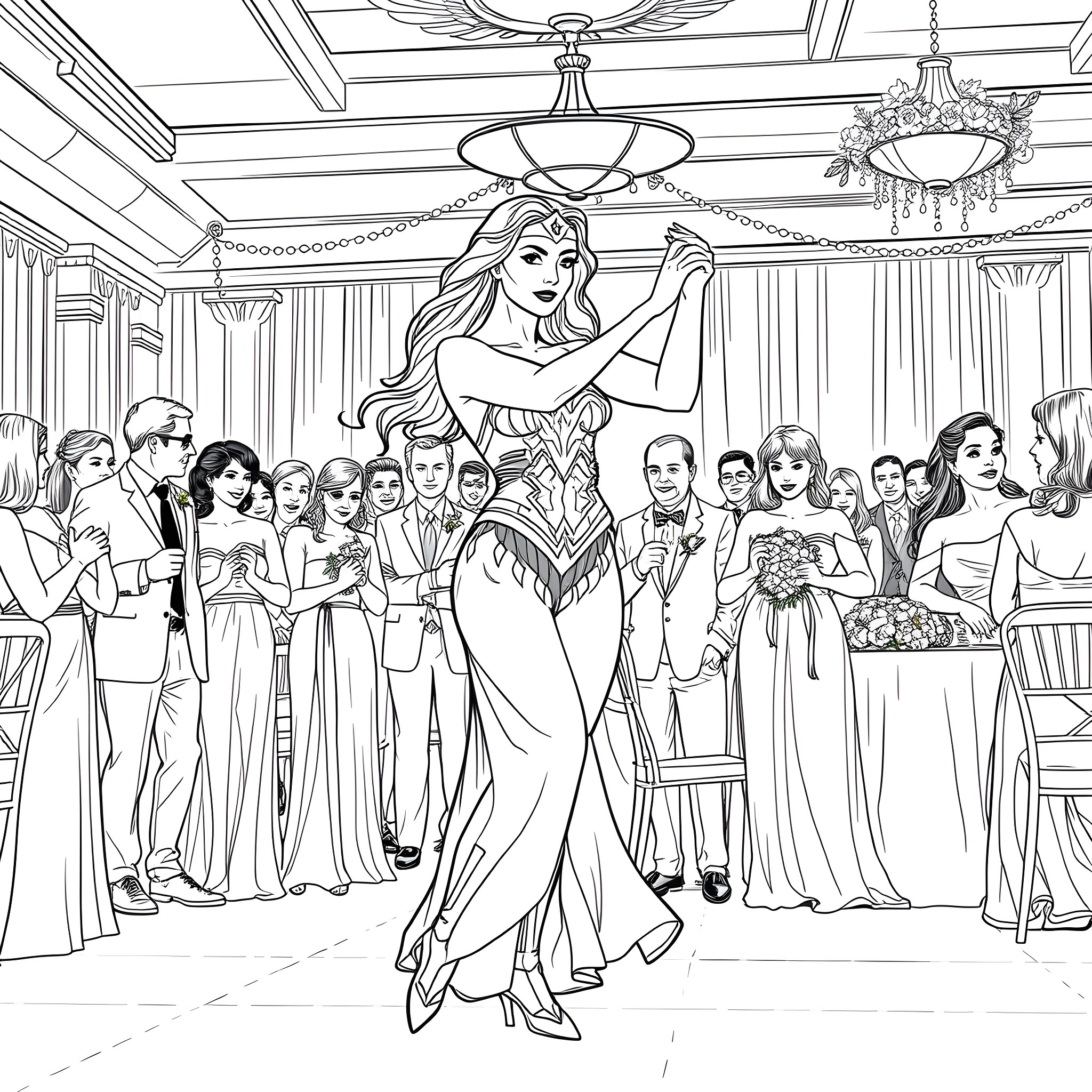 Wonder Woman making a grand entrance at a formal event Coloring Page (free black-and-white line drawing printable PDF for all, from beginners to advanced learners, including children, teens, adults, and seniors)