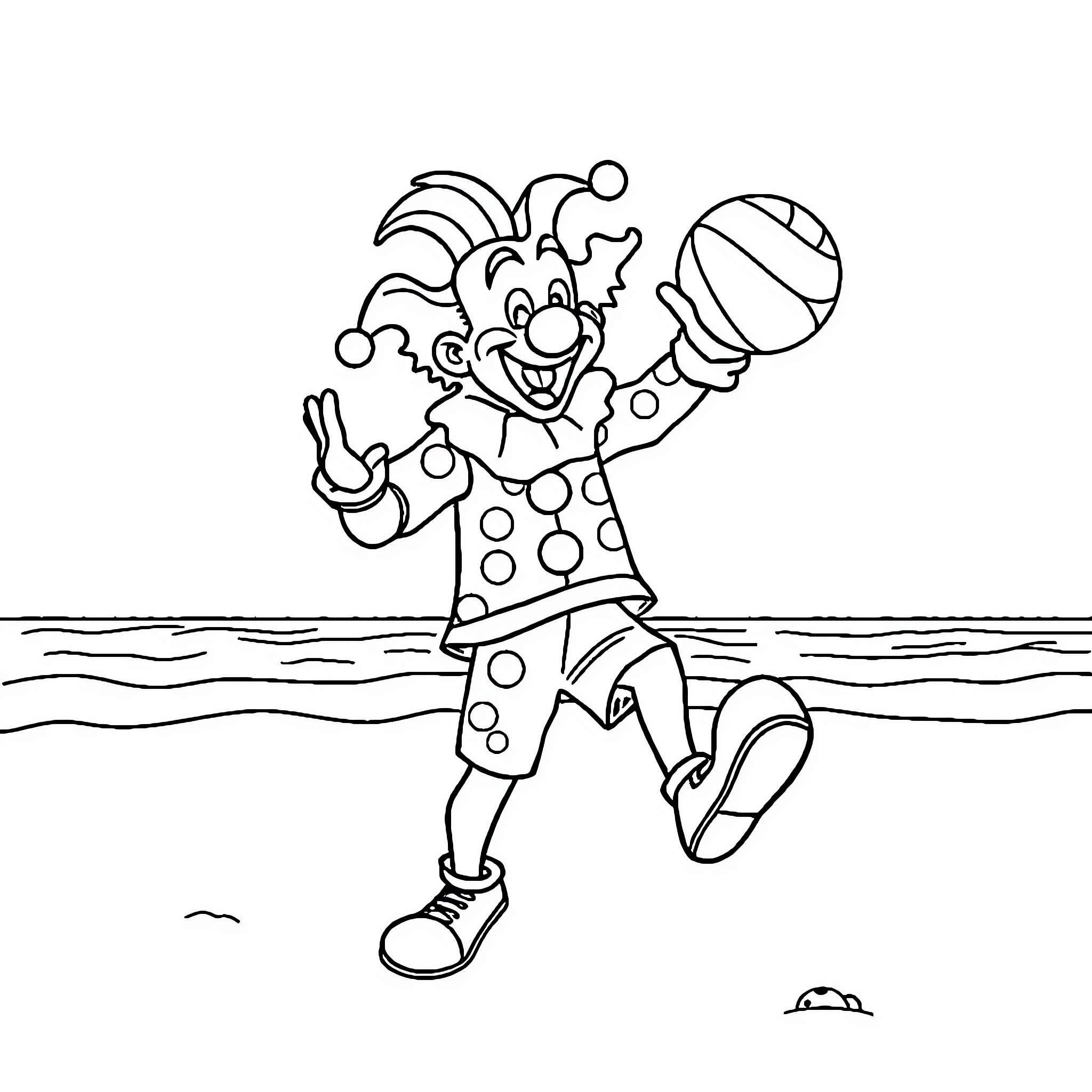 Art Jester playing joyfully with ball on the beach Coloring Page (free black-and-white line drawing printable PDF for all, from beginners to advanced learners, including children, teens, adults, and seniors)