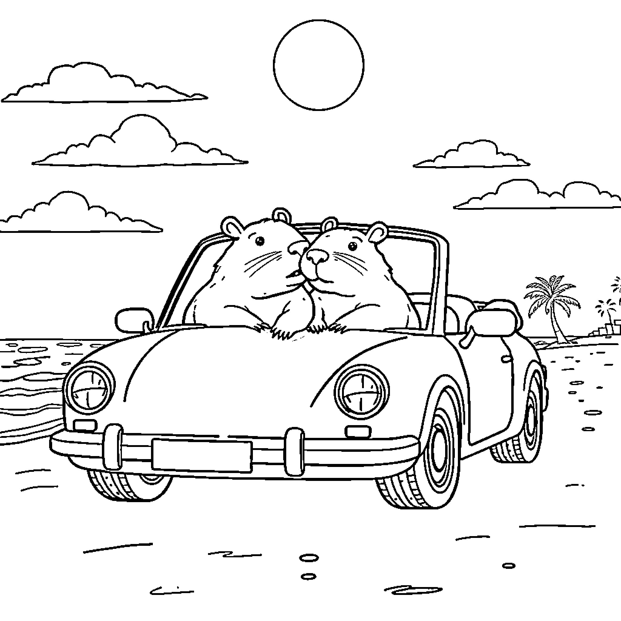 Capybara friends enjoying a beach drive Coloring Page (free black-and-white line drawing printable PDF for all, from beginners to advanced learners, including children, teens, adults, and seniors)