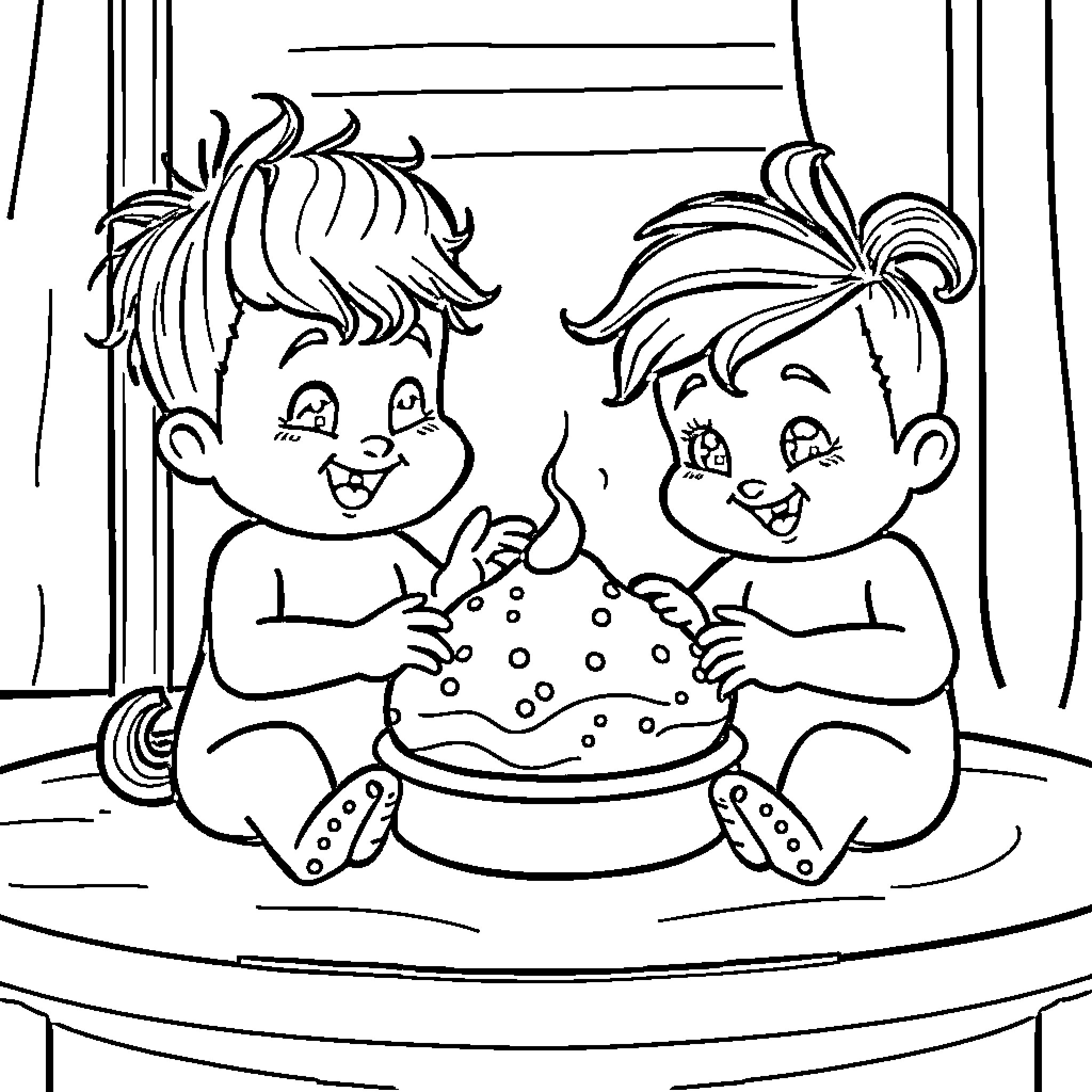 Sprunkie babies enjoying a shared treat Coloring Page (free black-and-white line drawing printable PDF for all, from beginners to advanced learners, including children, teens, adults, and seniors)