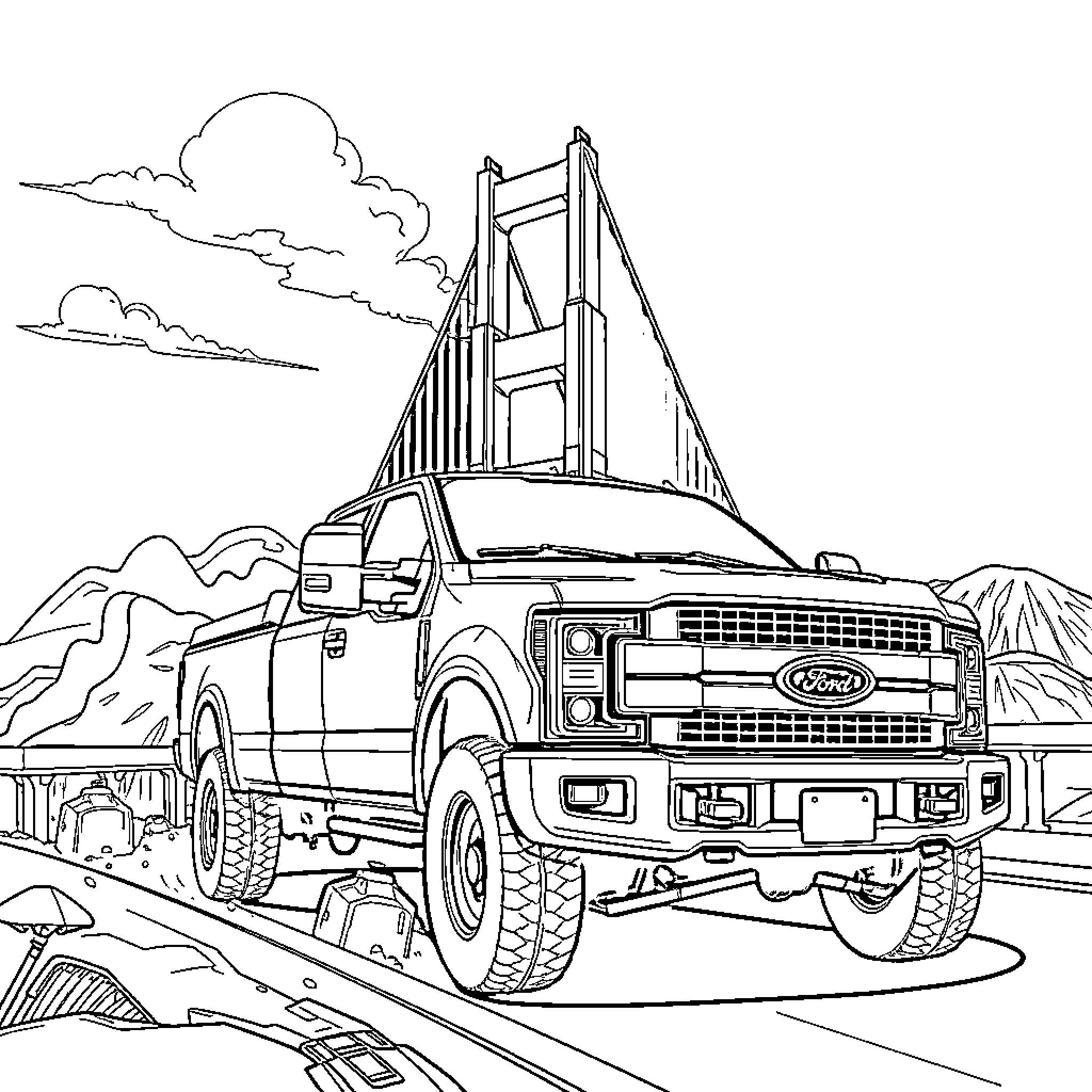 Truck Traversing Rugged Terrain with Mountain View Coloring Page (free black-and-white line drawing printable PDF for all, from beginners to advanced learners, including children, teens, adults, and seniors)
