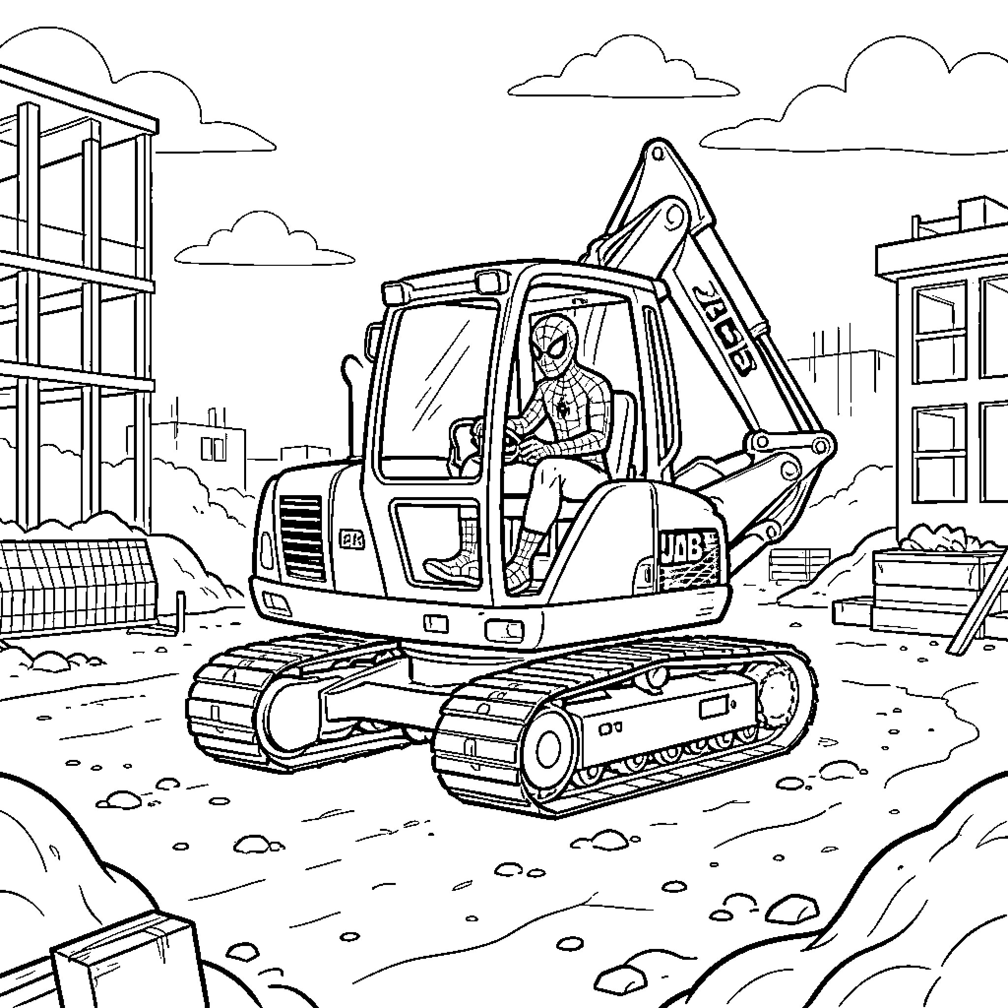 Spiderman driving a heavy construction excavator Coloring Page (free black-and-white line drawing printable PDF for all, from beginners to advanced learners, including children, teens, adults, and seniors)