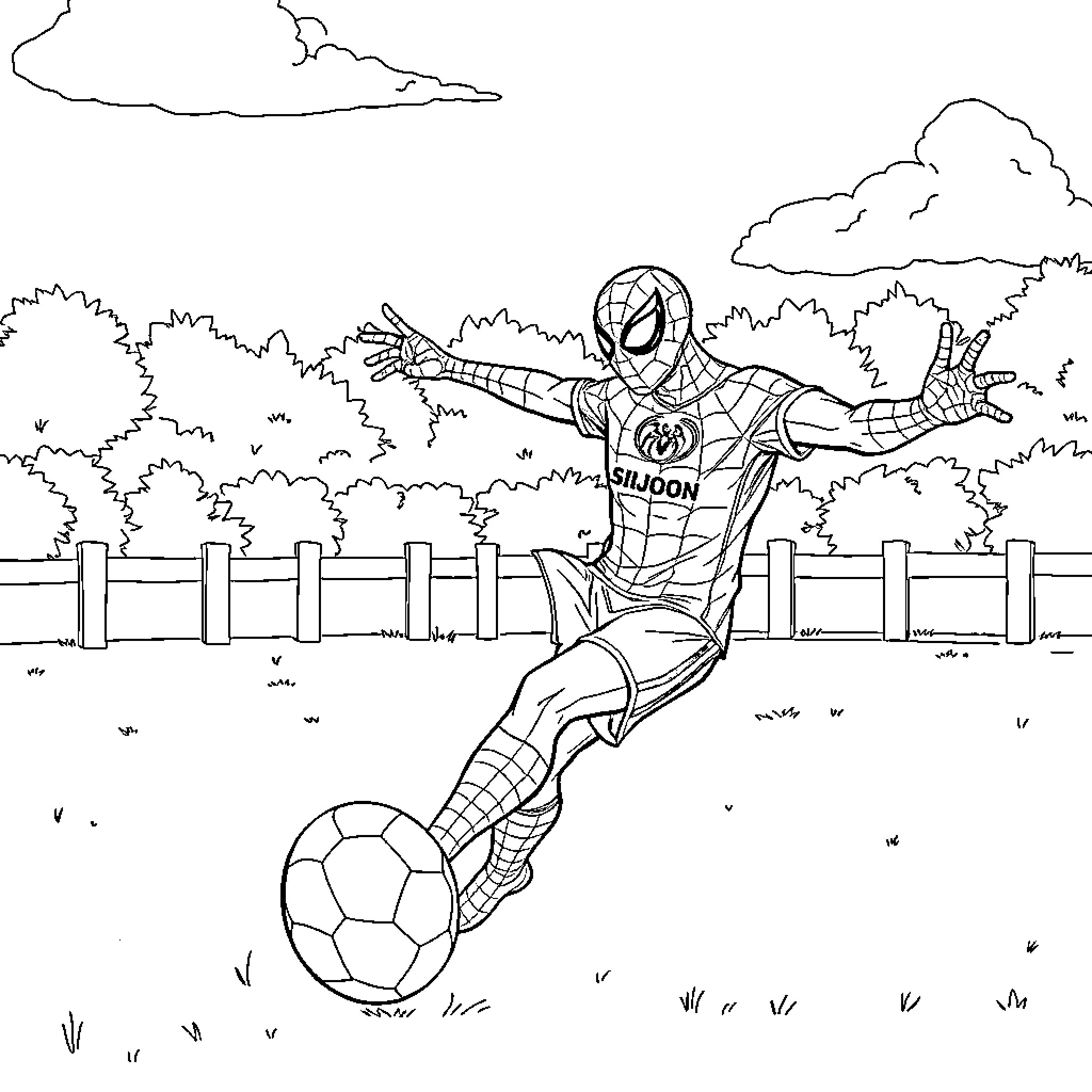 Spidey plays soccer in the park Coloring Page (free black-and-white line drawing printable PDF for all, from beginners to advanced learners, including children, teens, adults, and seniors)