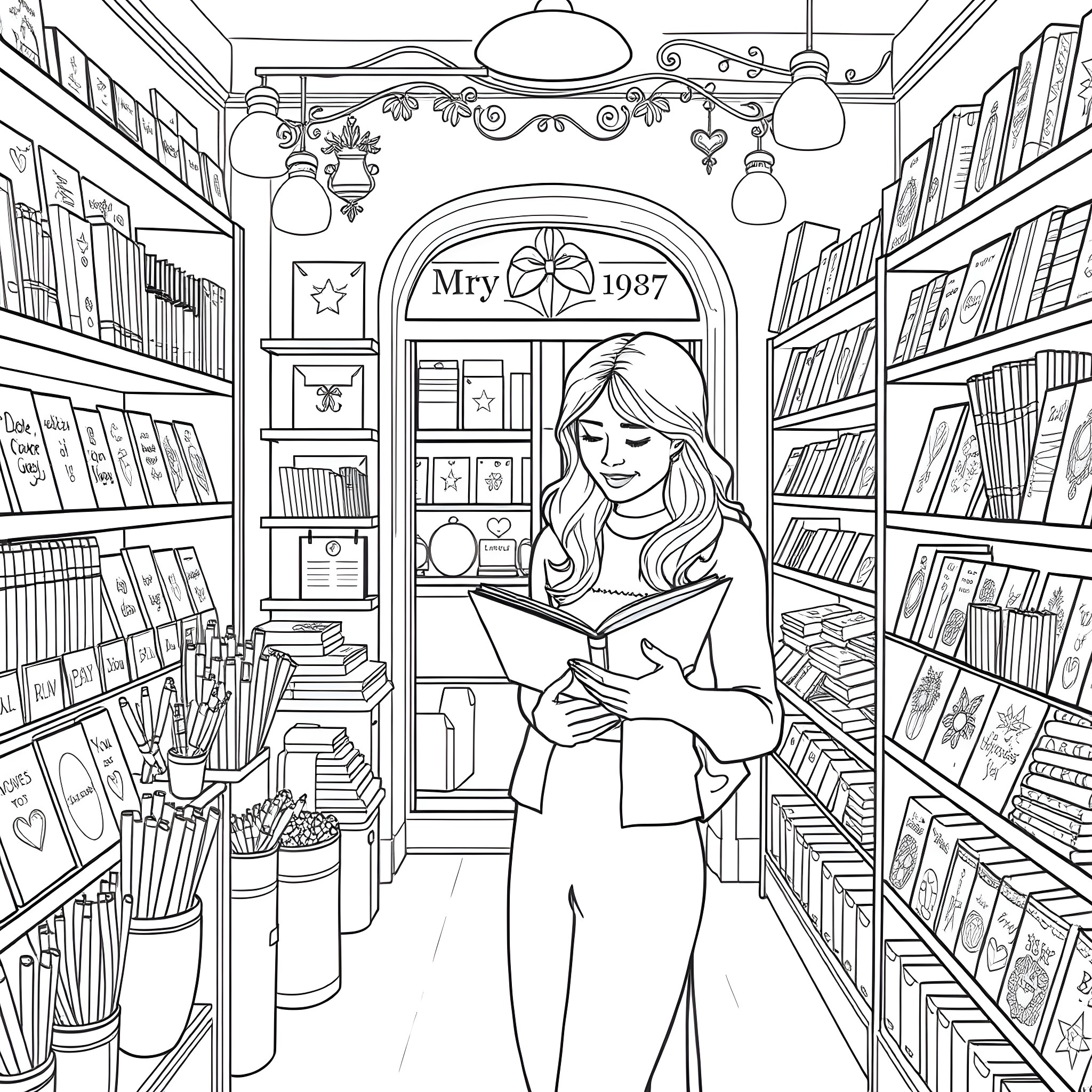 Wife browsing books in a cozy library Coloring Page (free black-and-white line drawing printable PDF for all, from beginners to advanced learners, including children, teens, adults, and seniors)
