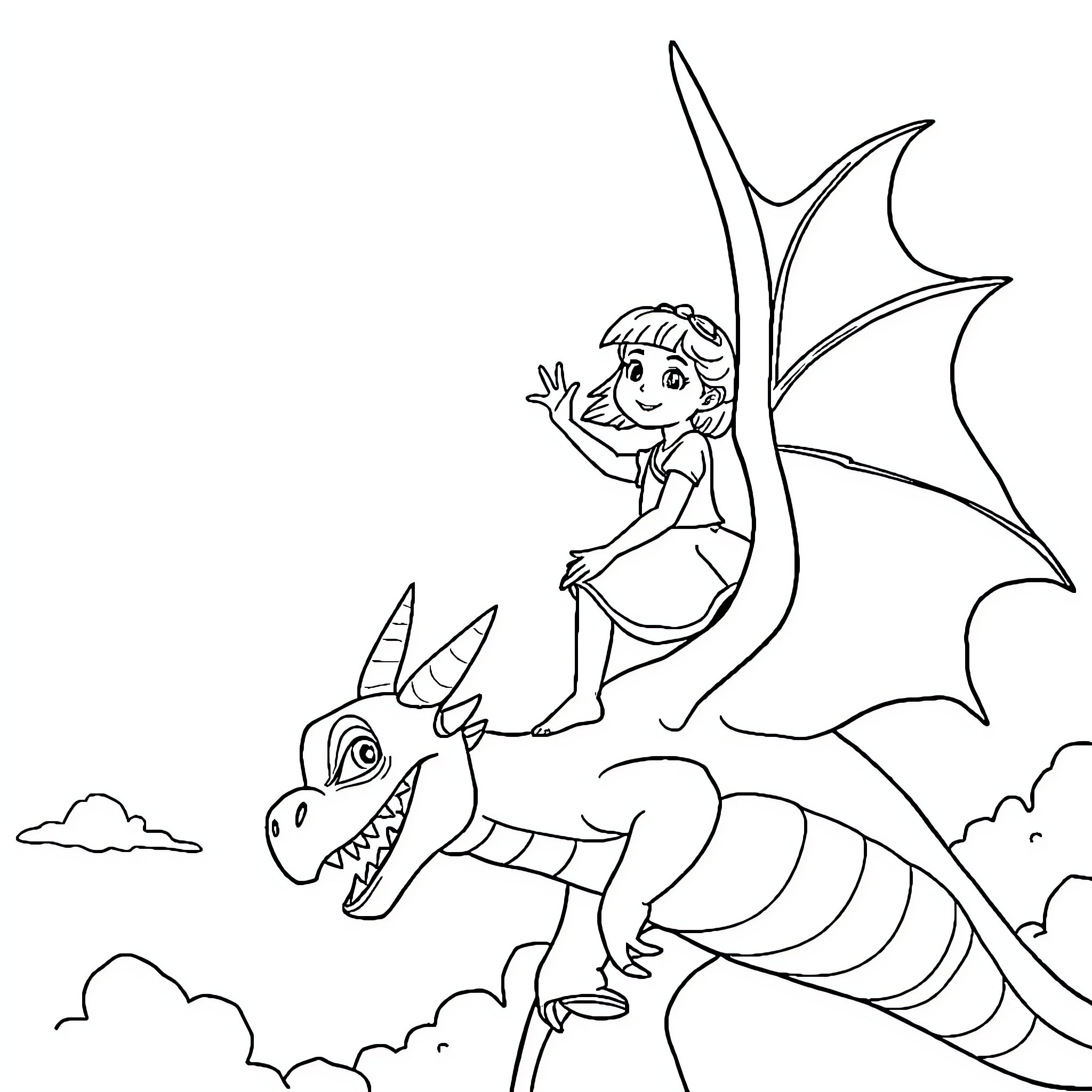Girl riding a dragon in the sky Coloring Page (free black-and-white line drawing printable PDF for all, from beginners to advanced learners, including children, teens, adults, and seniors)