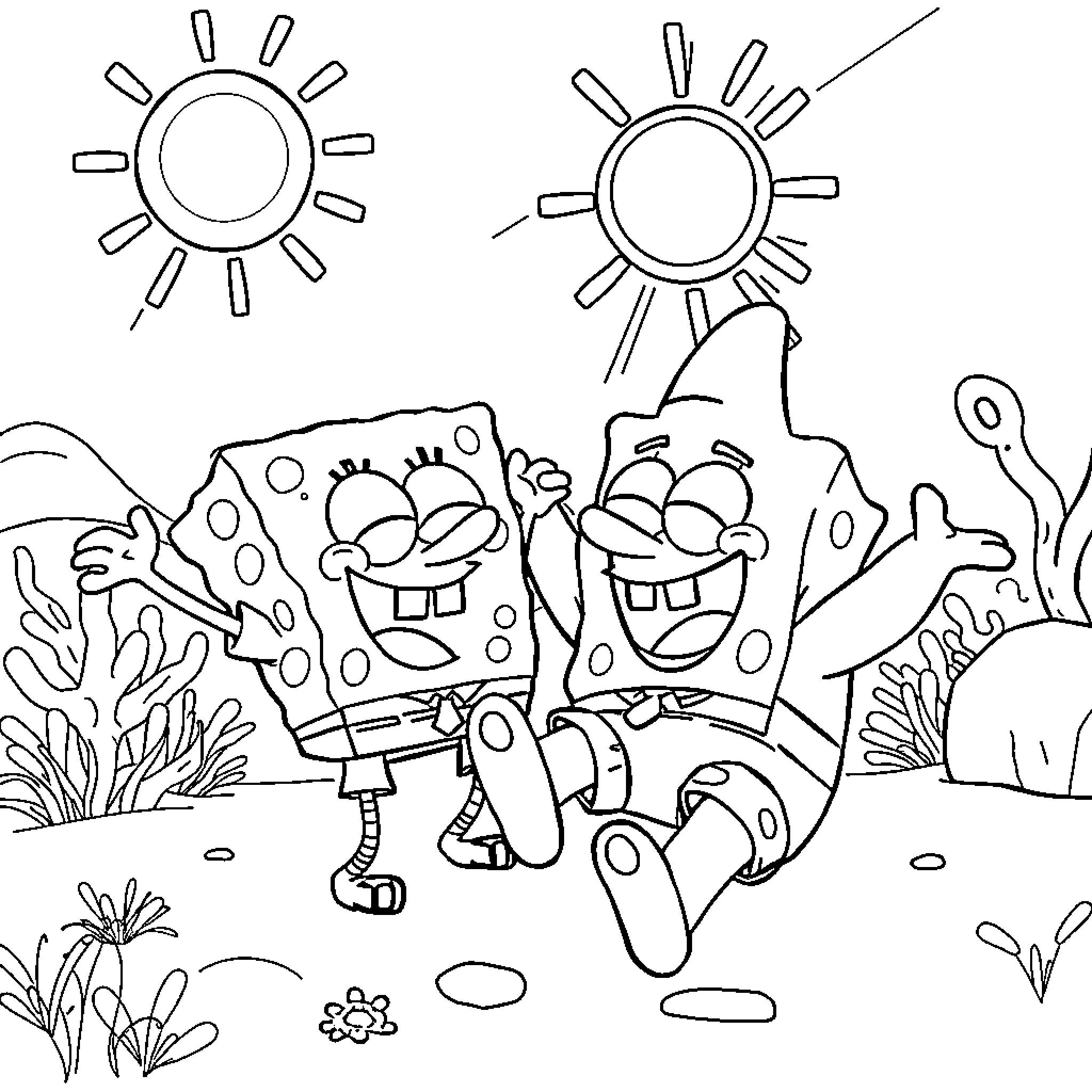 Spongebob enjoying a sunny day in the outdoors Coloring Page (free black-and-white line drawing printable PDF for all, from beginners to advanced learners, including children, teens, adults, and seniors)