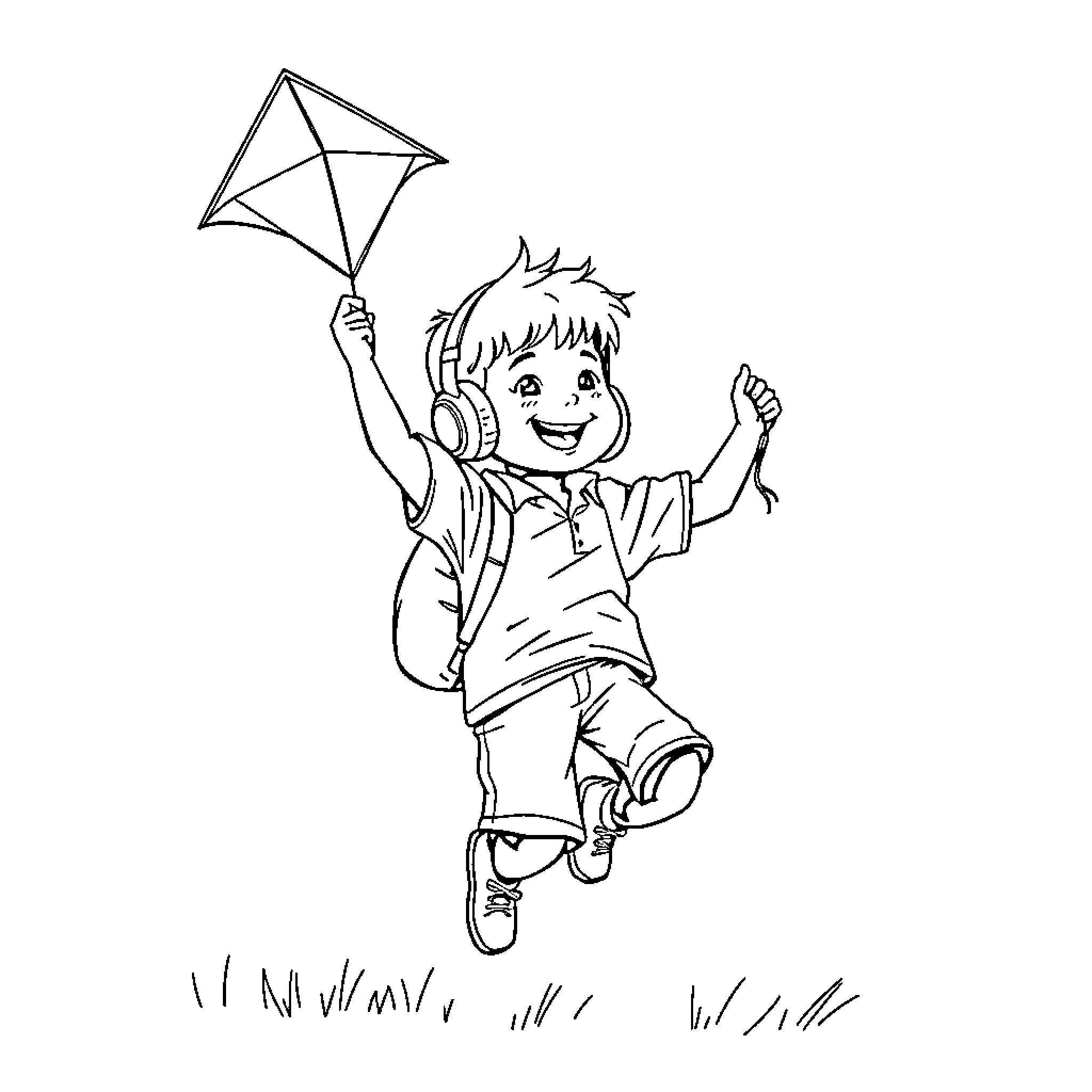 Kid joyfully flying a kite outdoors Coloring Page (free black-and-white line drawing printable PDF for all, from beginners to advanced learners, including children, teens, adults, and seniors)