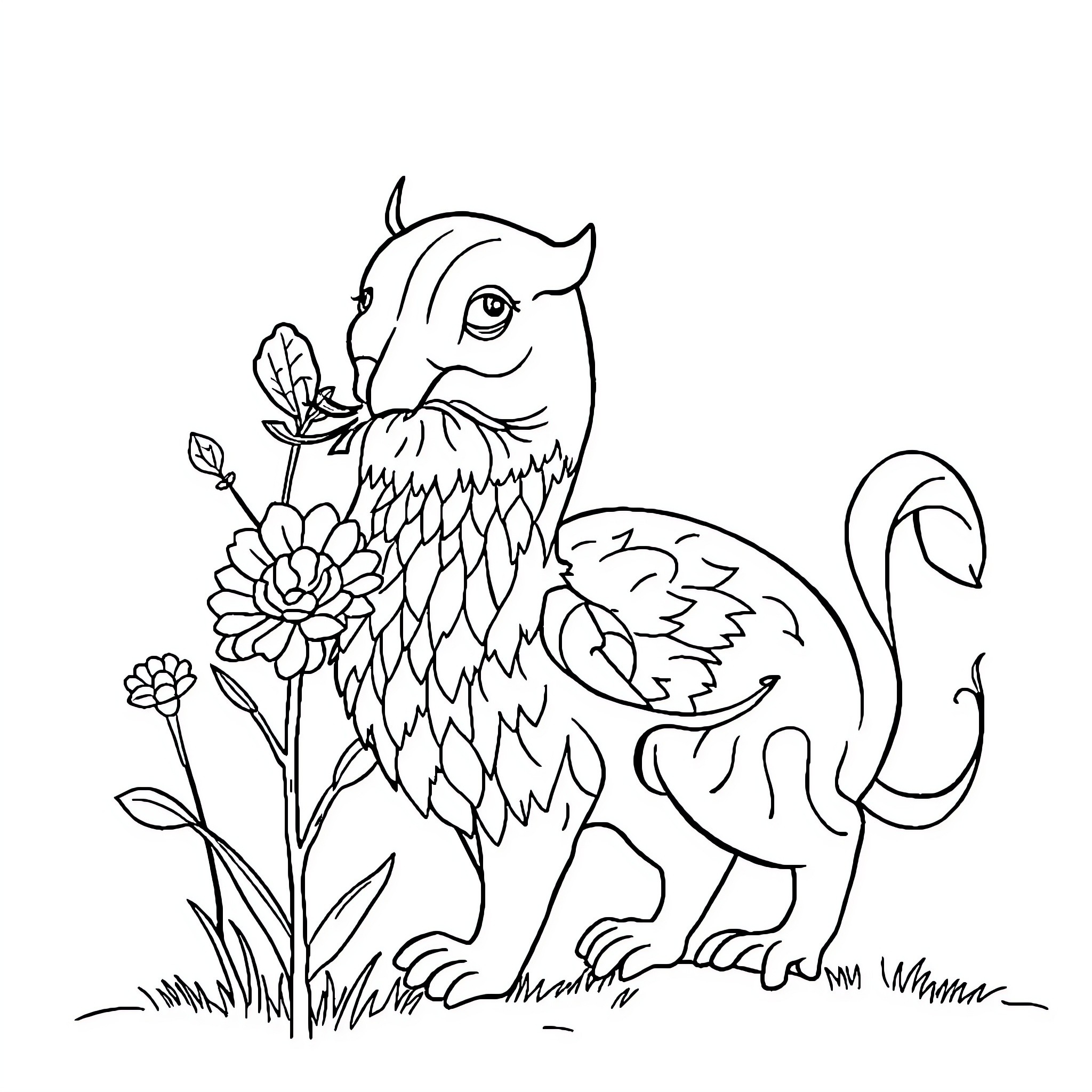French Notebook Featuring Whimsical Creature with Flowers Coloring Page (free black-and-white line drawing printable PDF for all, from beginners to advanced learners, including children, teens, adults, and seniors)