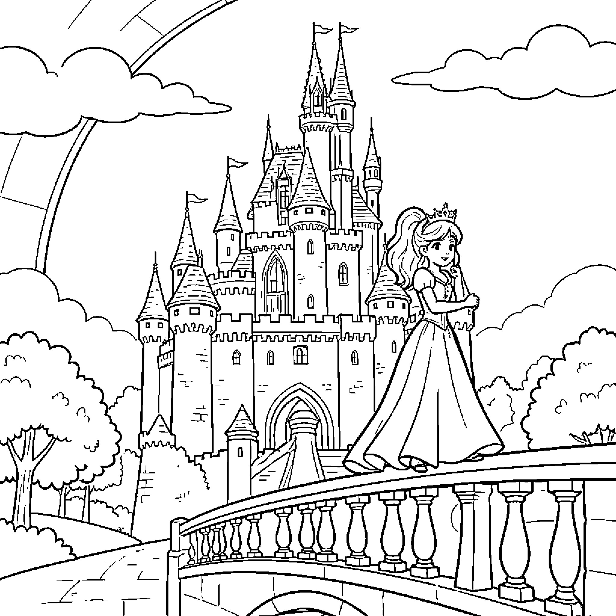 Princess standing gracefully in front of a majestic castle Coloring Page (free black-and-white line drawing printable PDF for all, from beginners to advanced learners, including children, teens, adults, and seniors)