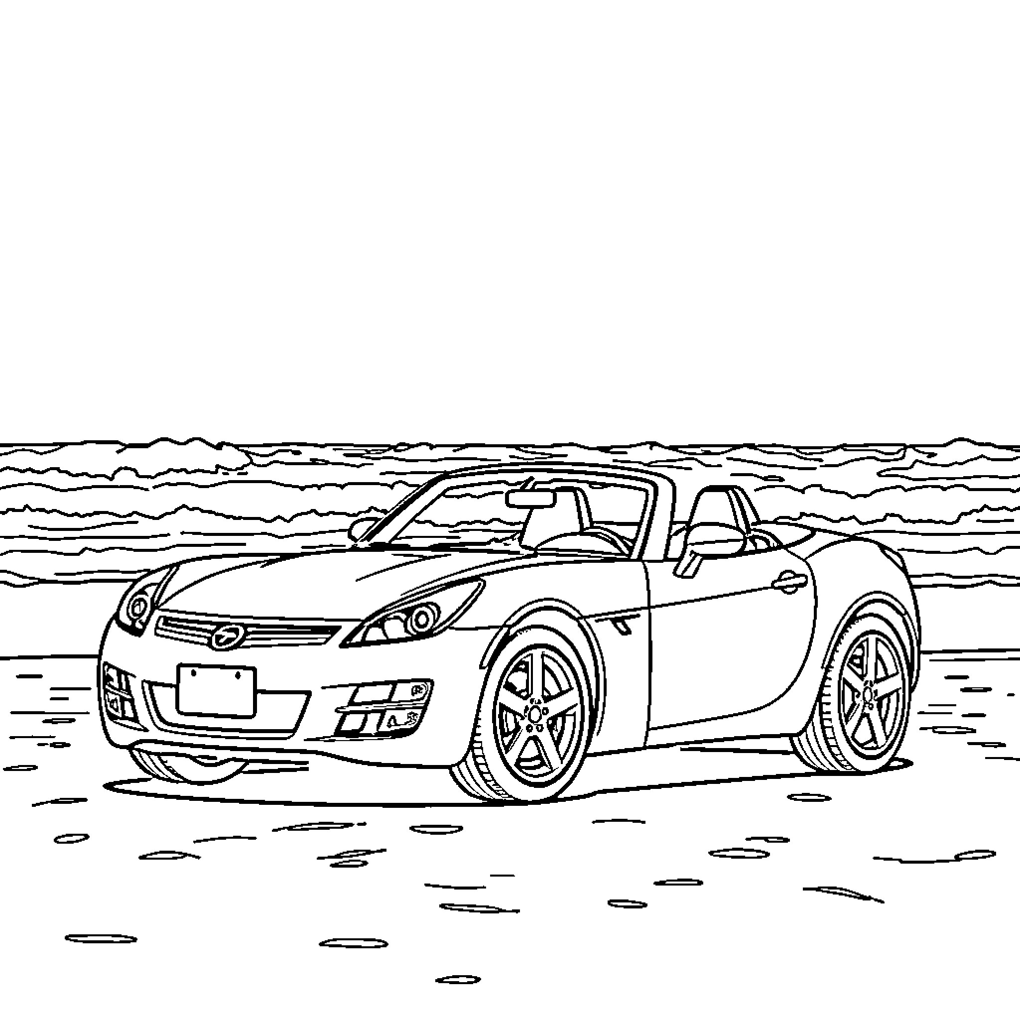 Saturn sports car driving on a beach Coloring Page (free black-and-white line drawing printable PDF for all, from beginners to advanced learners, including children, teens, adults, and seniors)