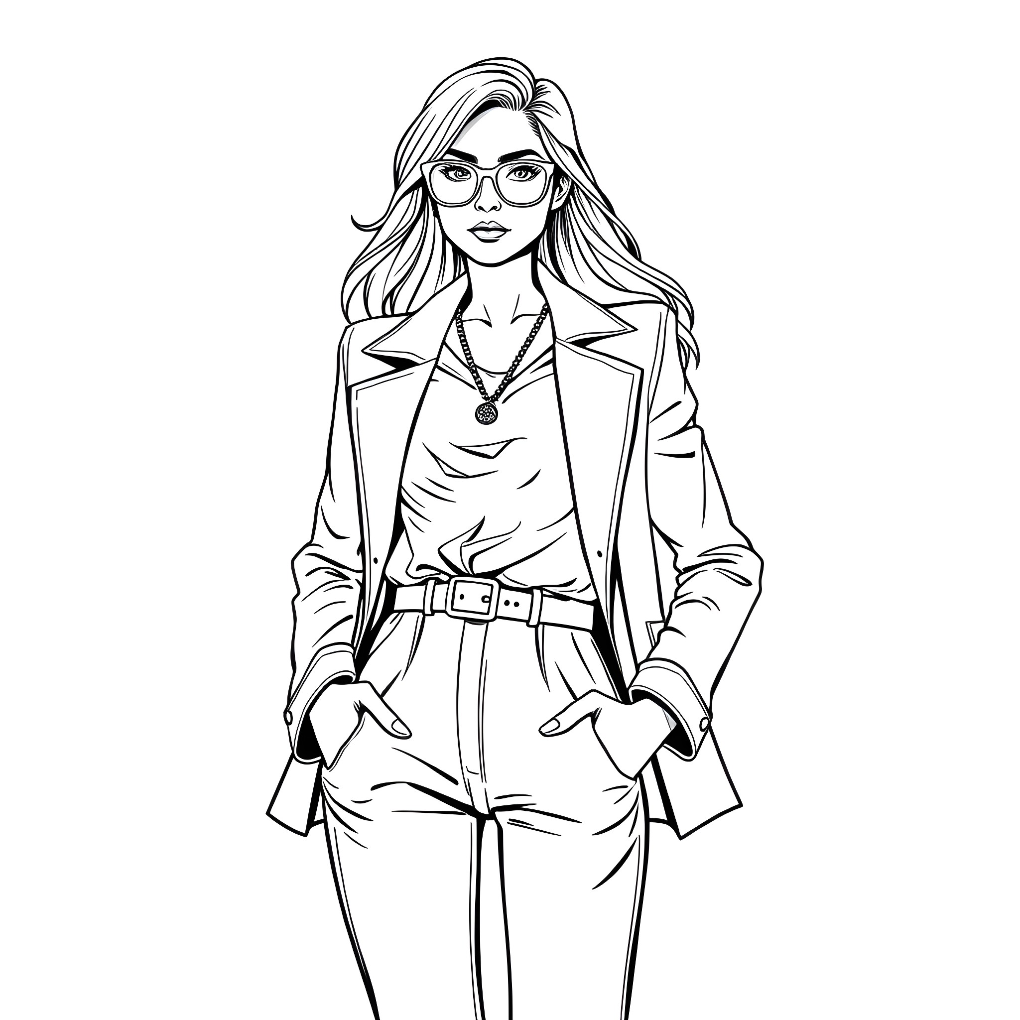 Female business professional in stylish outfit Coloring Page (free black-and-white line drawing printable PDF for all, from beginners to advanced learners, including children, teens, adults, and seniors)