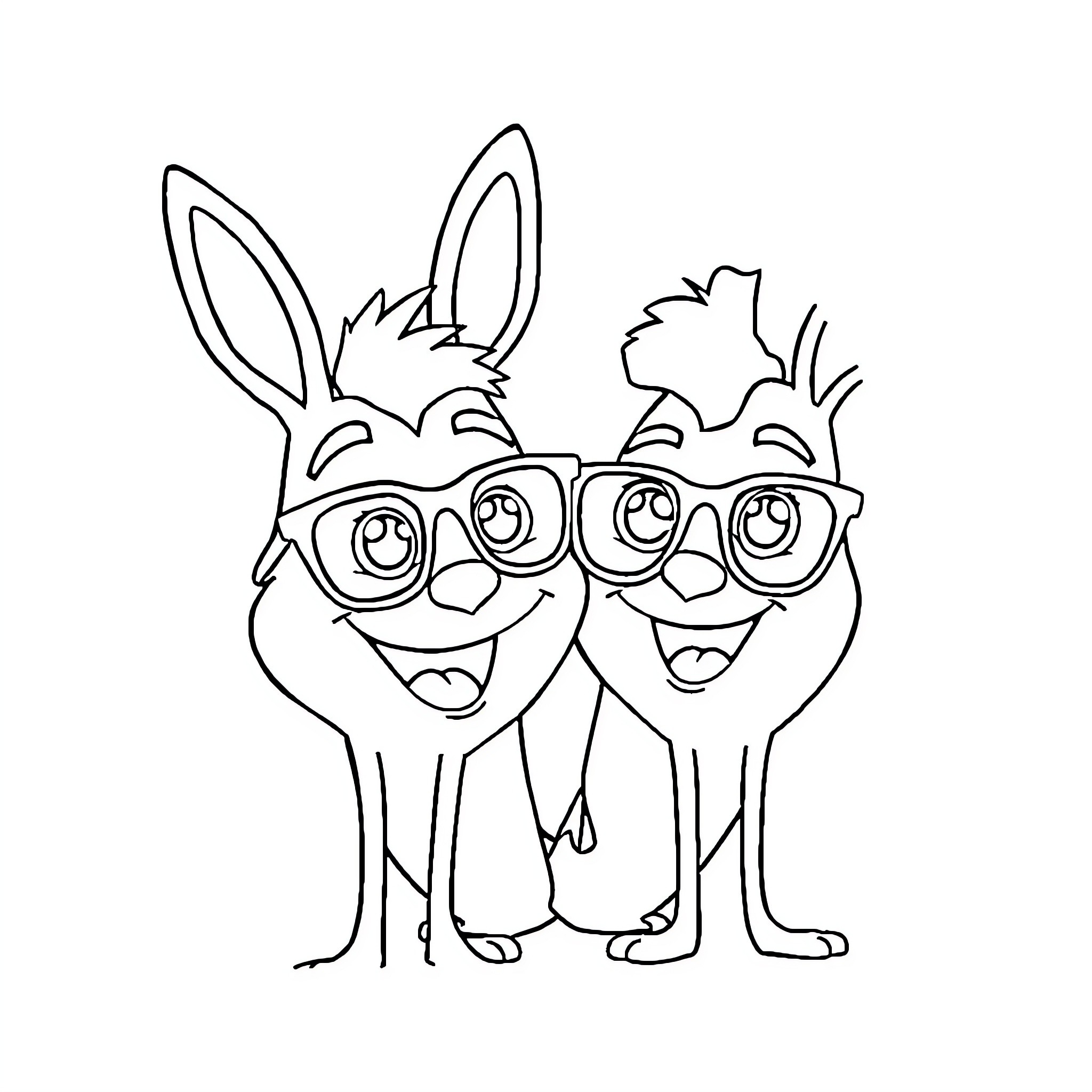 Bluey and Bingo making funny faces with glasses Coloring Page (free black-and-white line drawing printable PDF for all, from beginners to advanced learners, including children, teens, adults, and seniors)