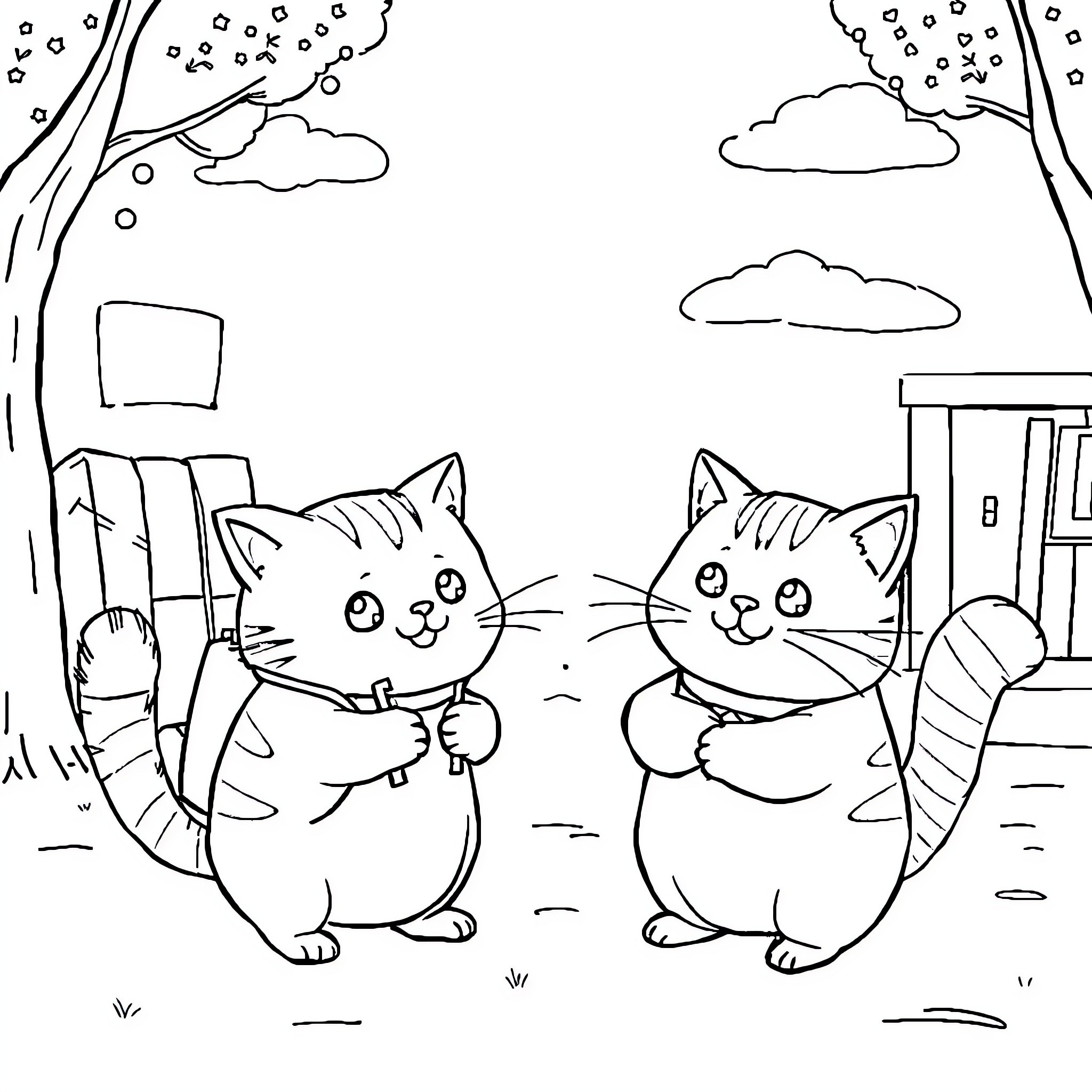 Labubu - Playful Kittens in Cartoon Landscape Coloring Page (free black-and-white line drawing printable PDF for all, from beginners to advanced learners, including children, teens, adults, and seniors)