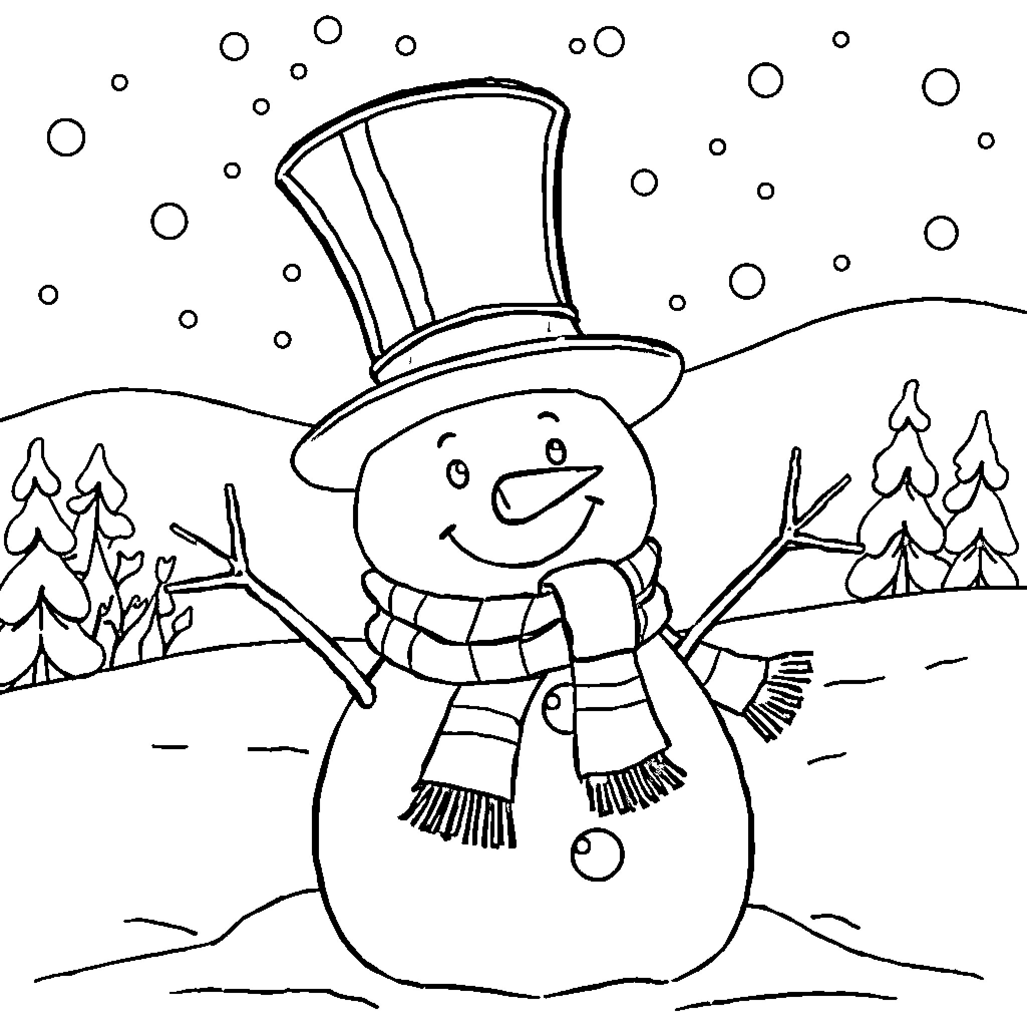 Snowman enjoying a snowy winter scene Coloring Page (free black-and-white line drawing printable PDF for all, from beginners to advanced learners, including children, teens, adults, and seniors)