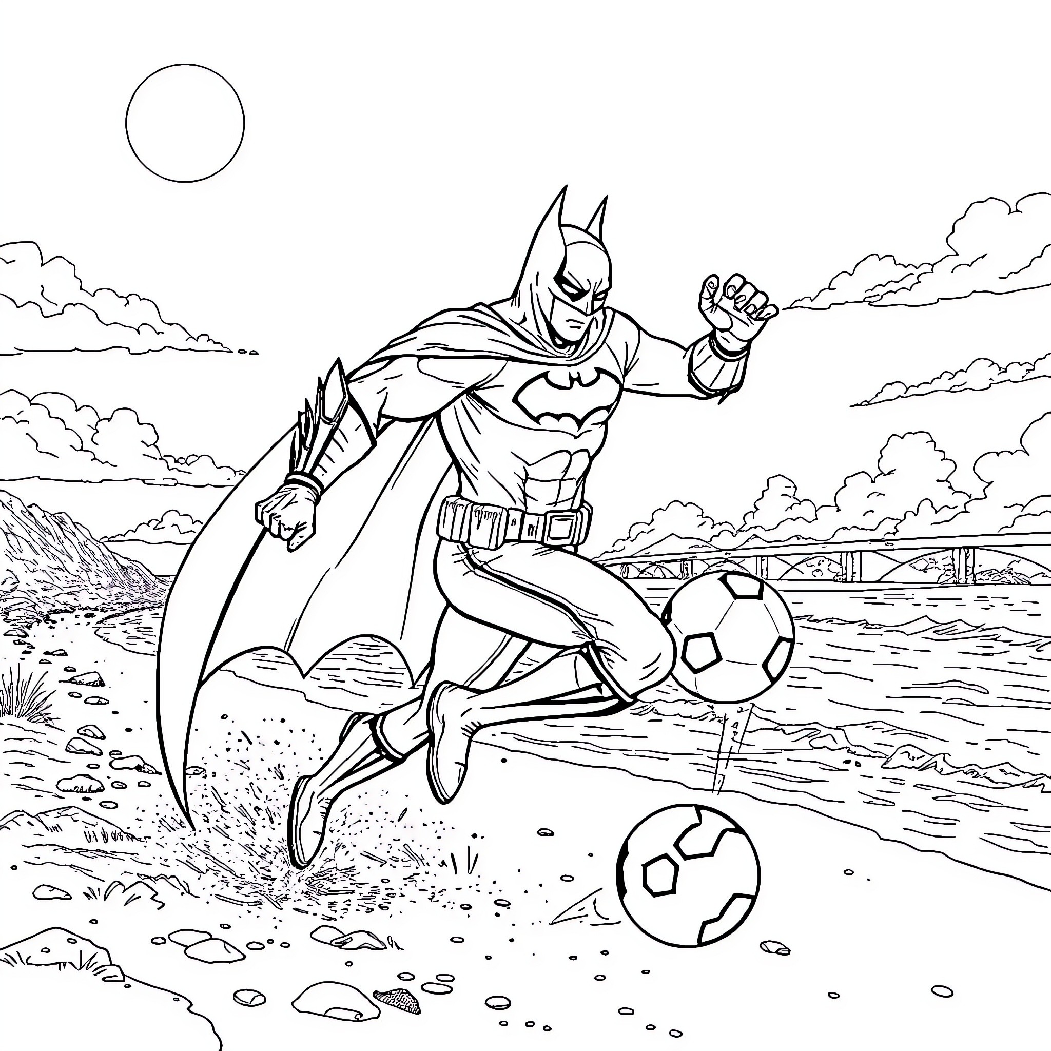 Batman playing soccer on the beach Coloring Page (free black-and-white line drawing printable PDF for all, from beginners to advanced learners, including children, teens, adults, and seniors)