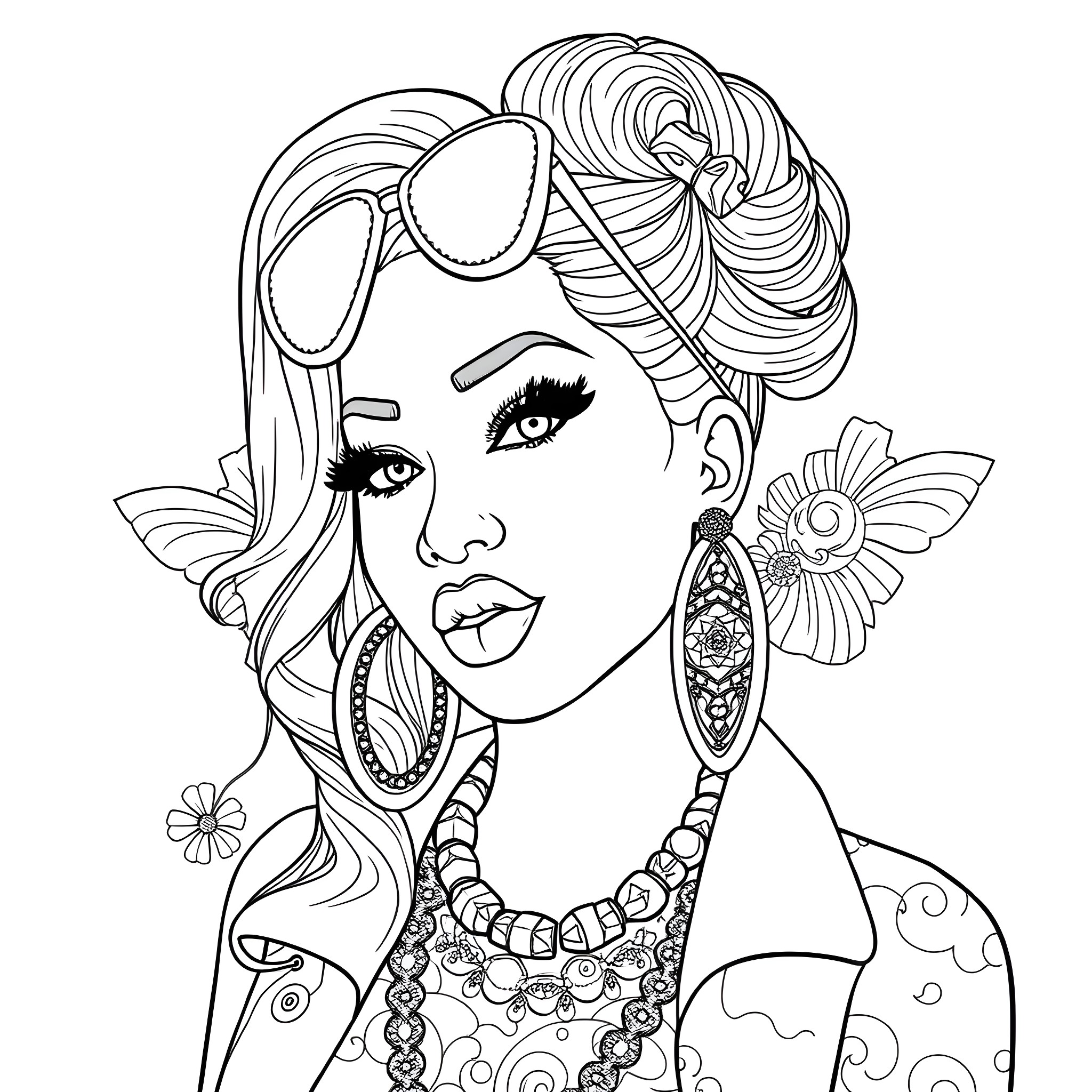 Nicki Minaj's Whimsical Fashion Showcase Coloring Page (free black-and-white line drawing printable PDF for all, from beginners to advanced learners, including children, teens, adults, and seniors)