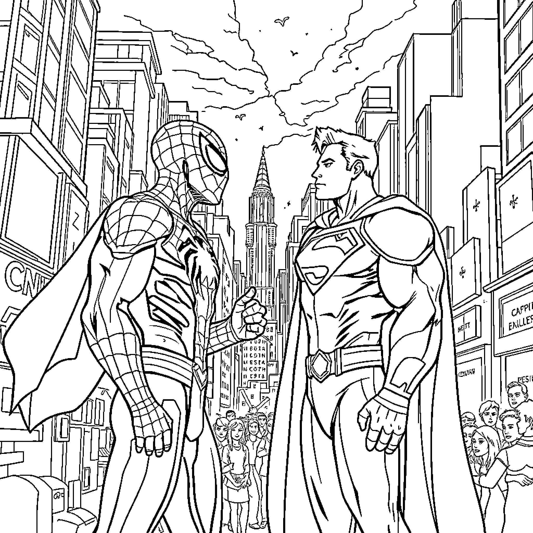 Spider-Man and Superman in an epic cityscape battle Coloring Page (free black-and-white line drawing printable PDF for all, from beginners to advanced learners, including children, teens, adults, and seniors)