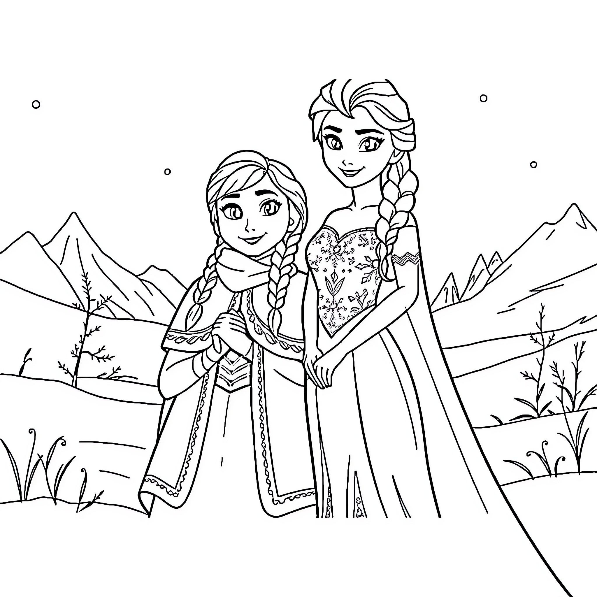 Elsa and Anna enjoying the winter landscape Coloring Page (free black-and-white line drawing printable PDF for all, from beginners to advanced learners, including children, teens, adults, and seniors)