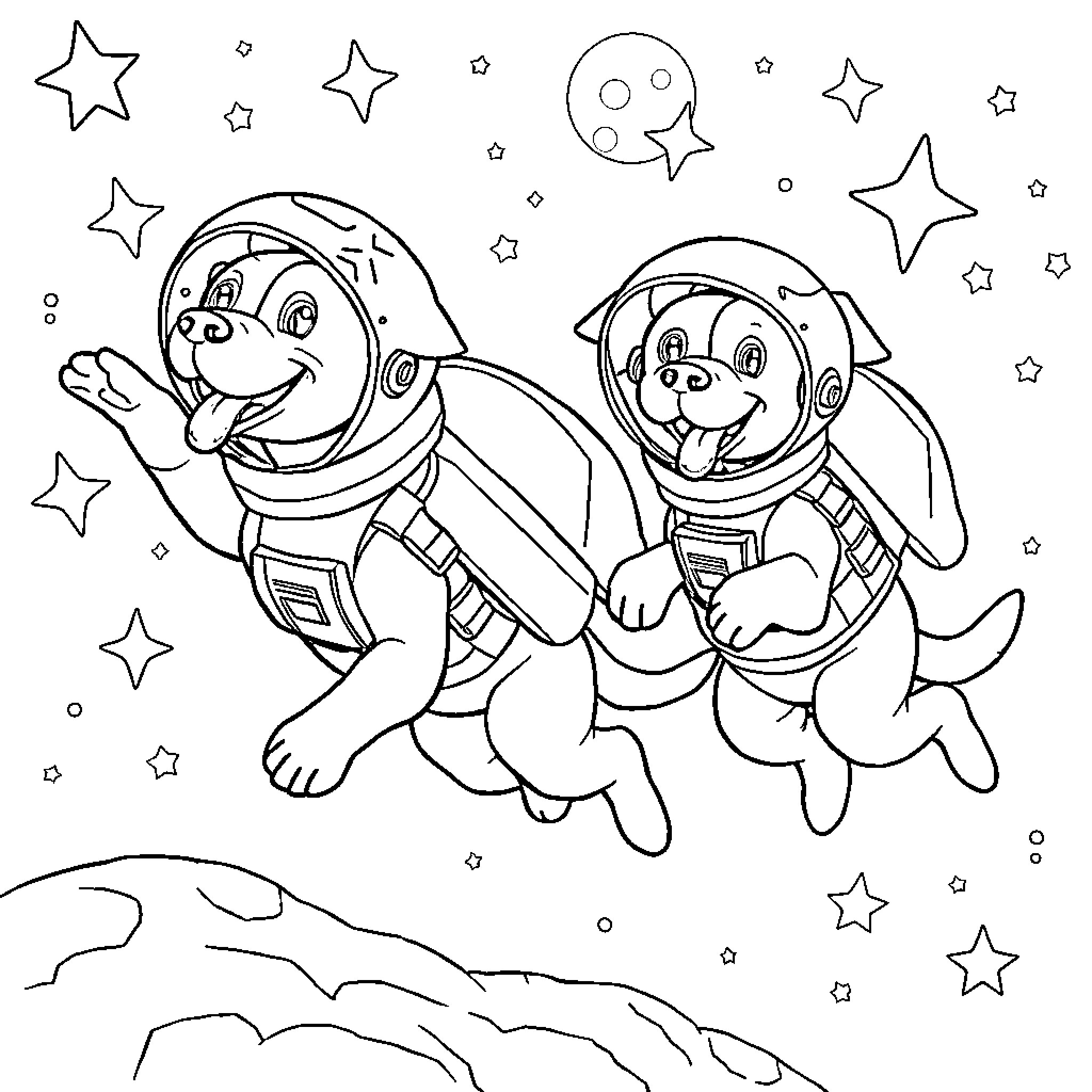 Dogs in space suits exploring the galaxy Coloring Page (free black-and-white line drawing printable PDF for all, from beginners to advanced learners, including children, teens, adults, and seniors)