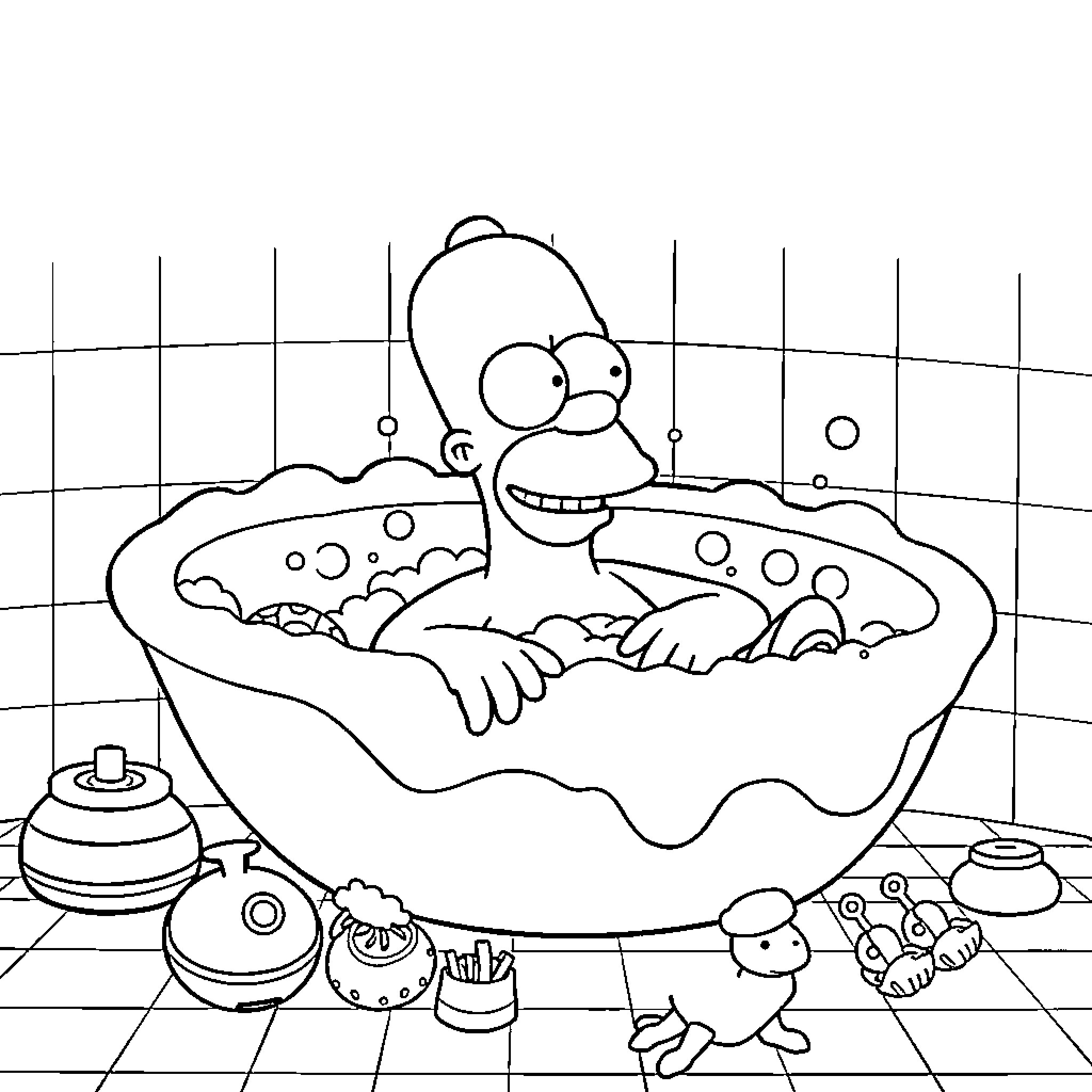 Homer Simpson relaxing in a bubbly bathtub Coloring Page (free black-and-white line drawing printable PDF for all, from beginners to advanced learners, including children, teens, adults, and seniors)