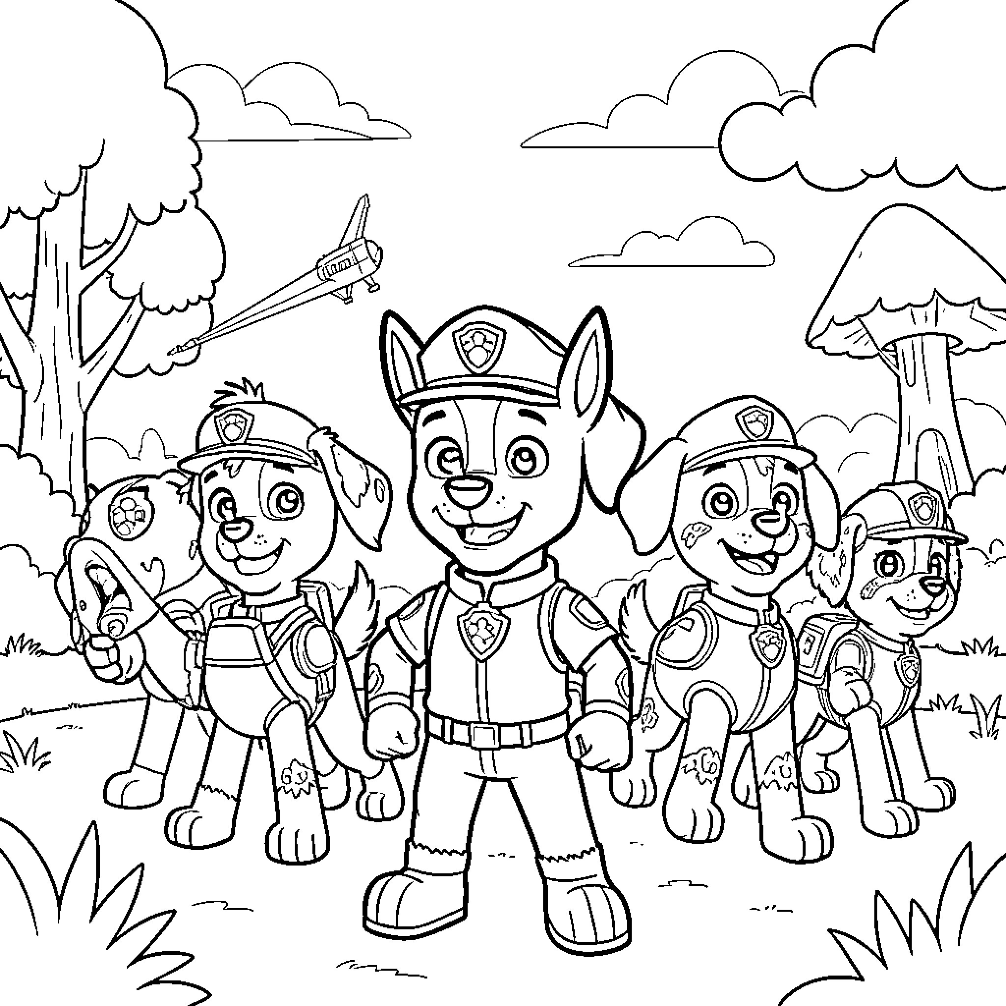 Paw Patrol Dog characters standing together in a forest Coloring Page (free black-and-white line drawing printable PDF for all, from beginners to advanced learners, including children, teens, adults, and seniors)