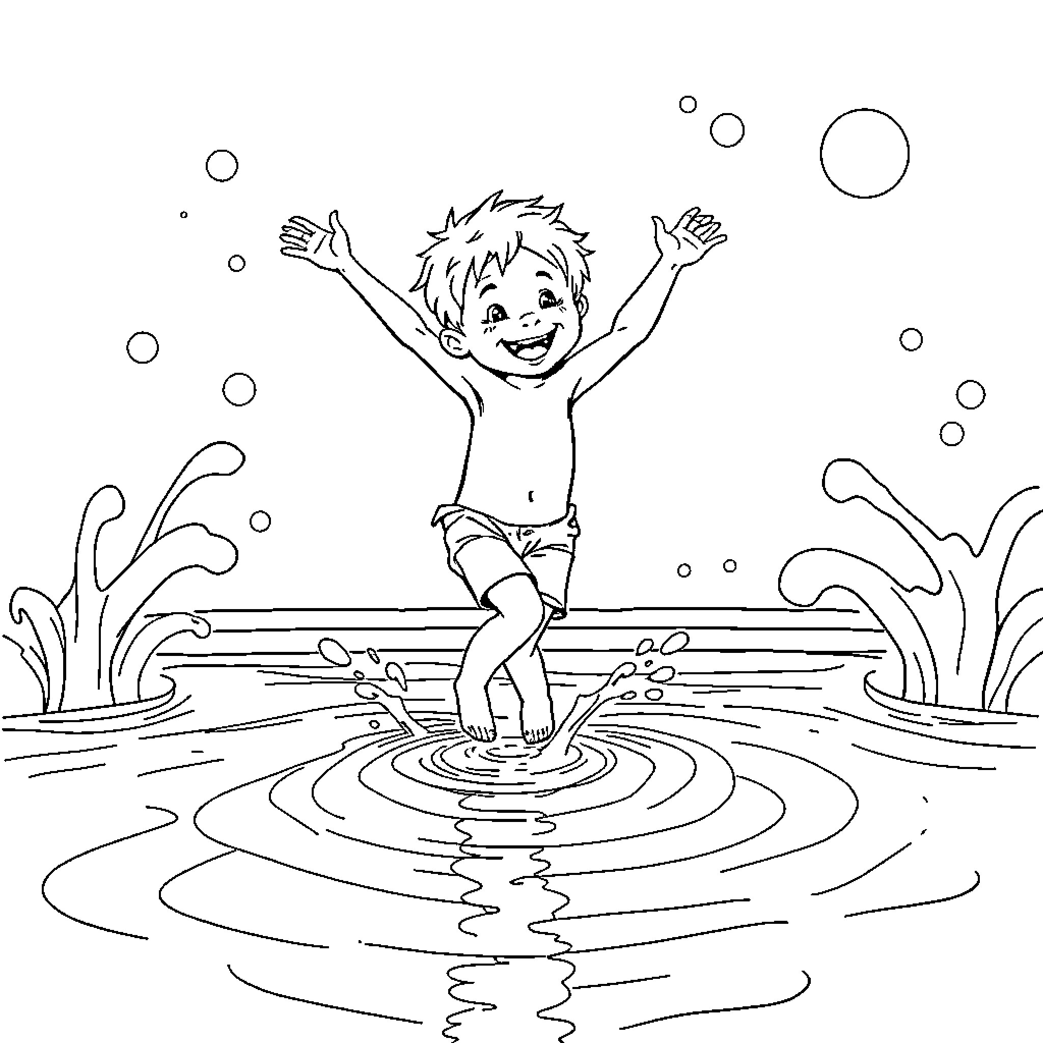 Child happily playing in the water Coloring Page (free black-and-white line drawing printable PDF for all, from beginners to advanced learners, including children, teens, adults, and seniors)