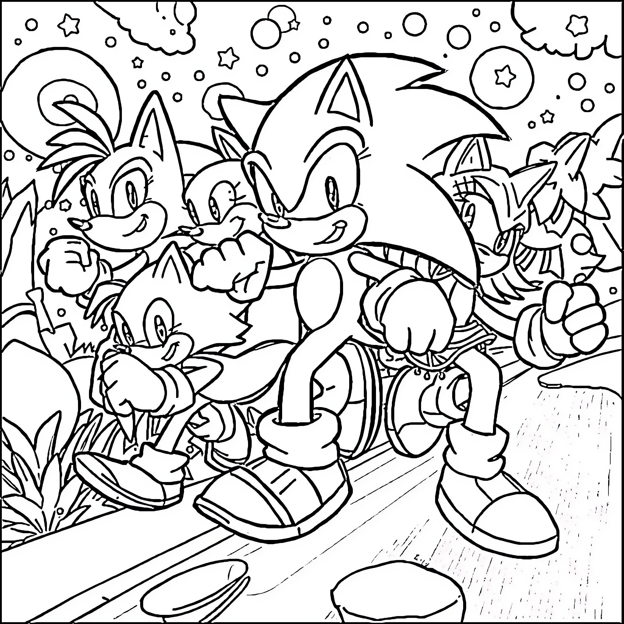 Sonic Characters in Playful Adventure Coloring Page (free black-and-white line drawing printable PDF for all, from beginners to advanced learners, including children, teens, adults, and seniors)