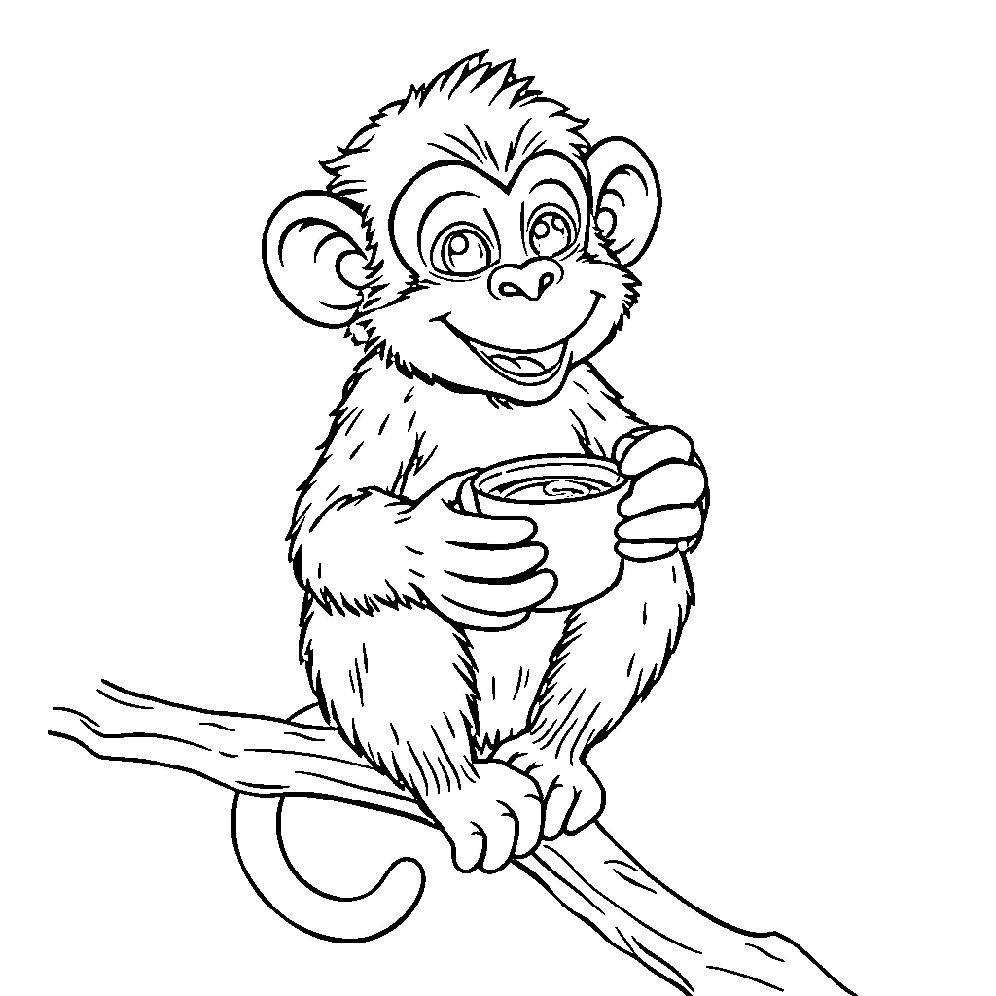 Monkey enjoying a warm beverage on a tree branch Coloring Page (free black-and-white line drawing printable PDF for all, from beginners to advanced learners, including children, teens, adults, and seniors)