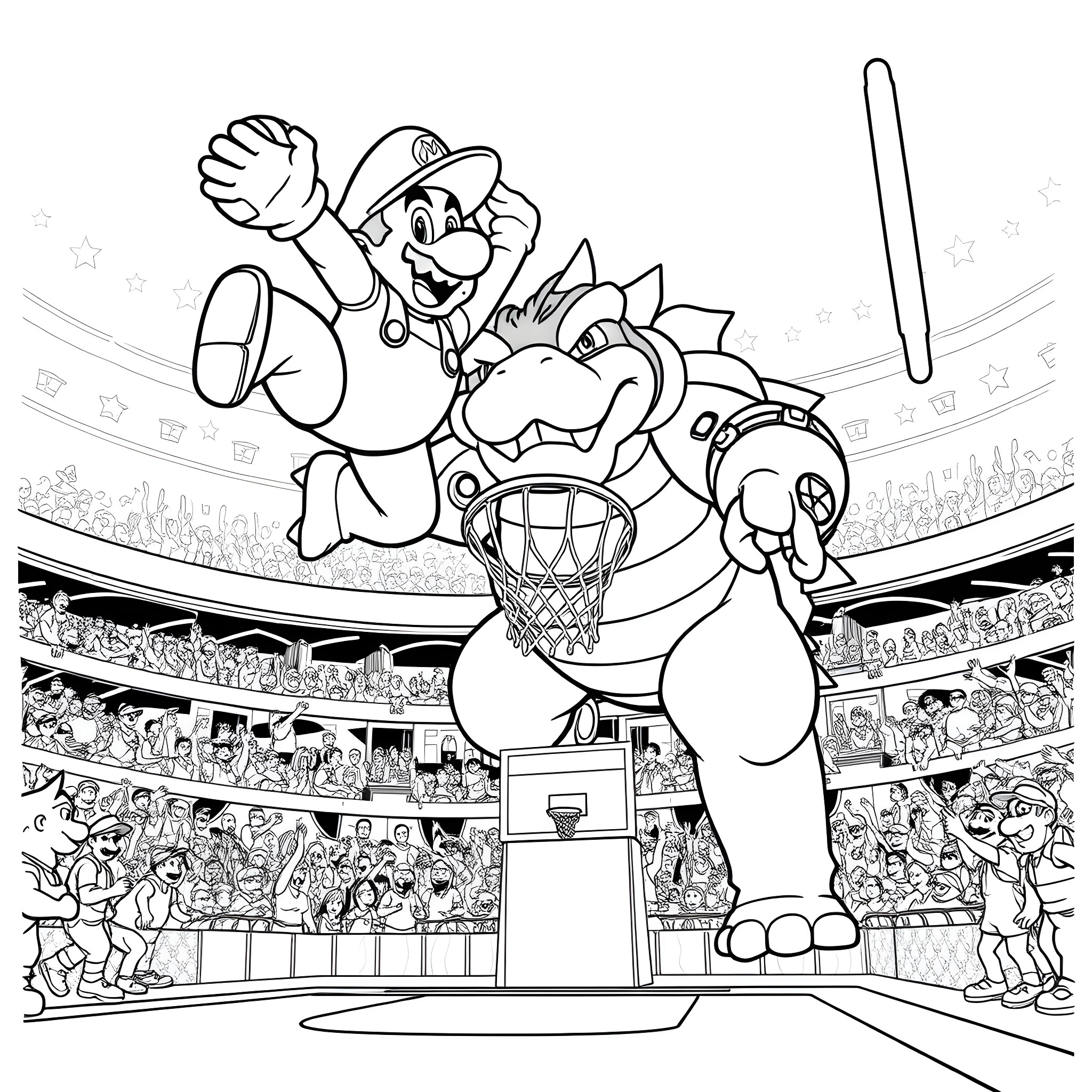 Mario Basketball Showdown in the Stadium Coloring Page (free black-and-white line drawing printable PDF for all, from beginners to advanced learners, including children, teens, adults, and seniors)