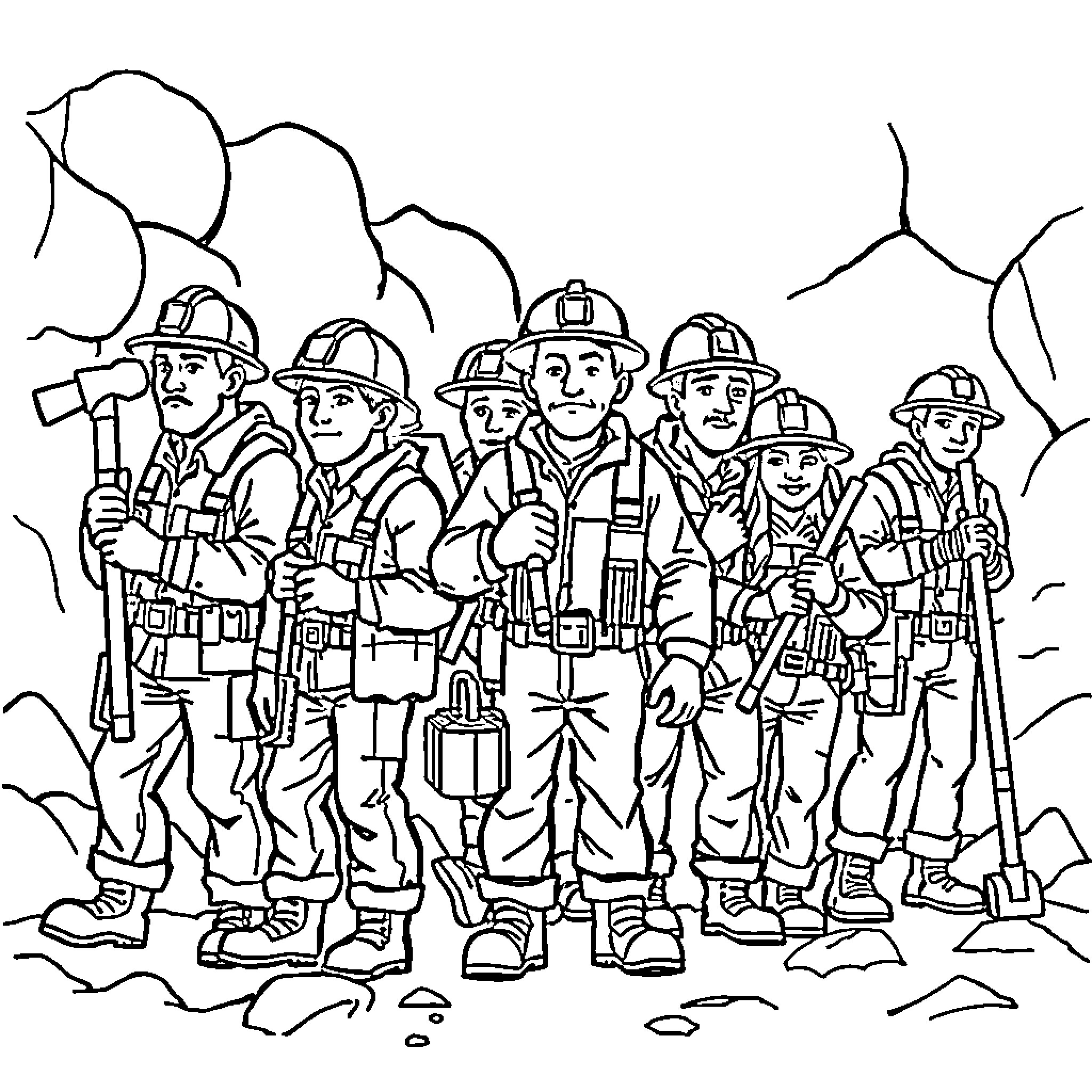 Miners at work in the rugged terrain Coloring Page (free black-and-white line drawing printable PDF for all, from beginners to advanced learners, including children, teens, adults, and seniors)