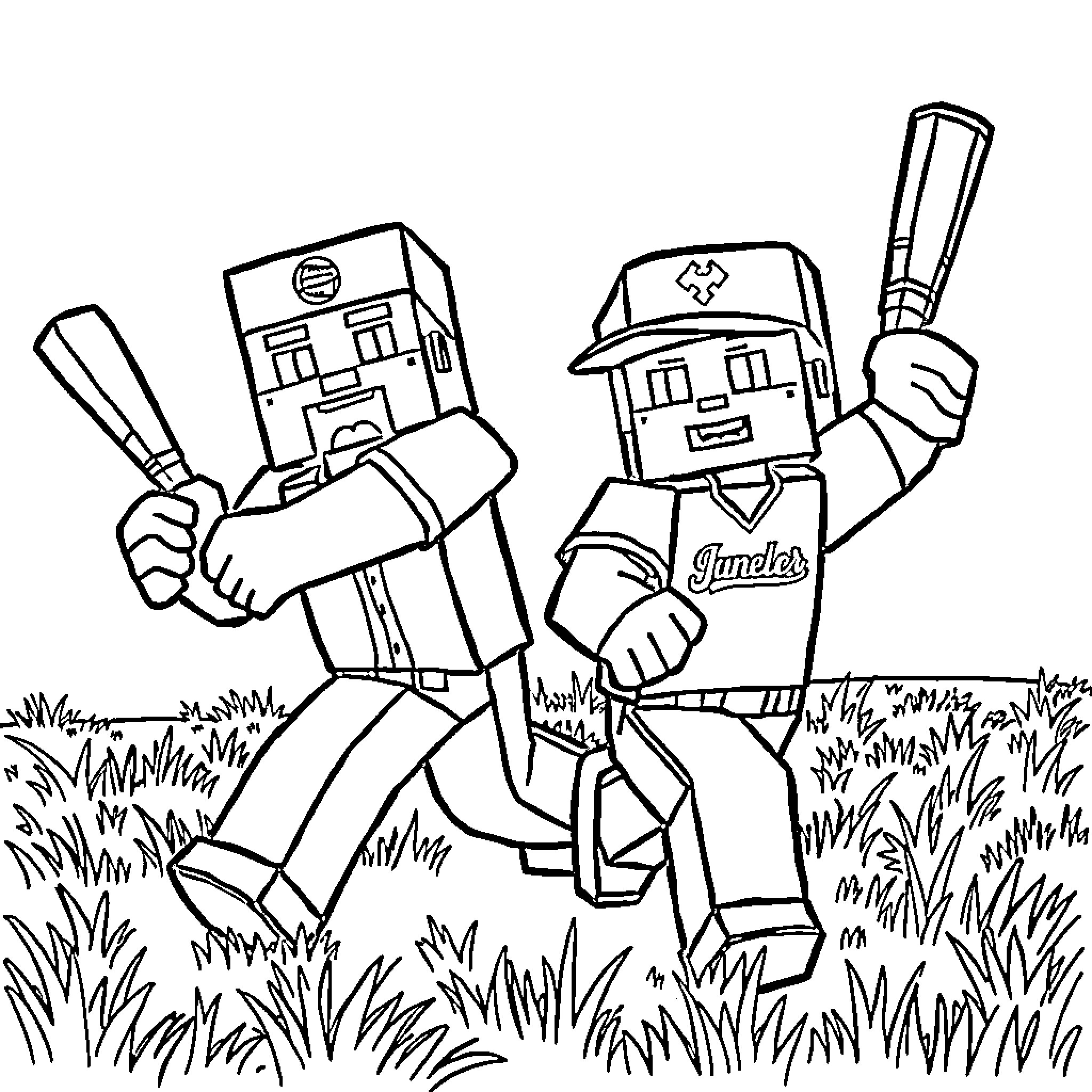 Minecraft Character Playing Baseball in Grassy Field Coloring Page (free black-and-white line drawing printable PDF for all, from beginners to advanced learners, including children, teens, adults, and seniors)