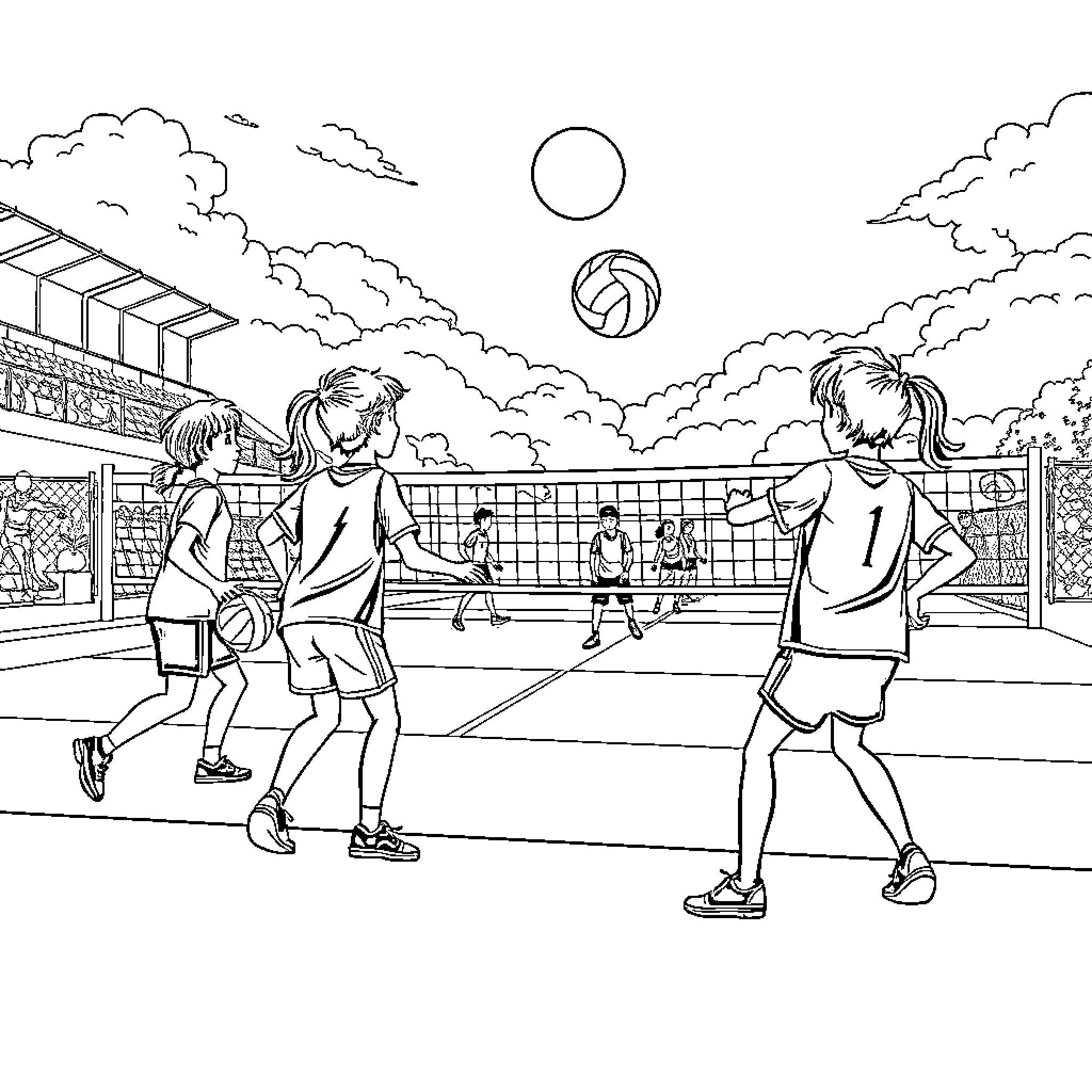Volleyball players on the court in outdoor setting Coloring Page (free black-and-white line drawing printable PDF for all, from beginners to advanced learners, including children, teens, adults, and seniors)