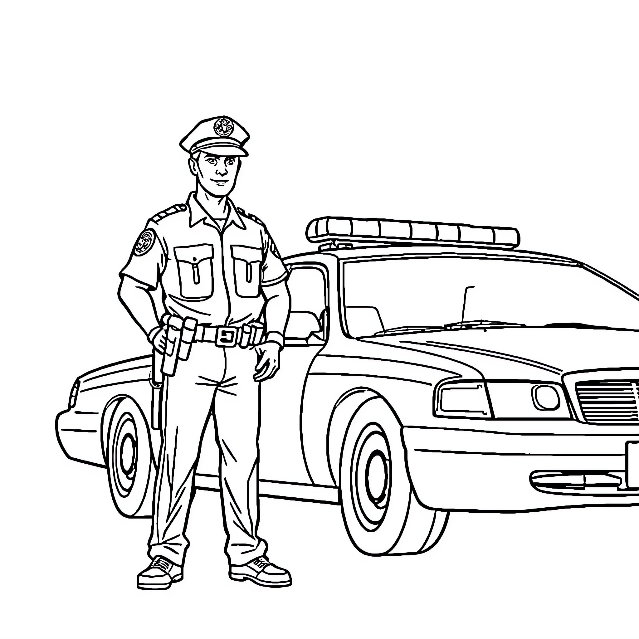 Police Officer Standing Next to Patrol Car Coloring Page (free black-and-white line drawing printable PDF for all, from beginners to advanced learners, including children, teens, adults, and seniors)