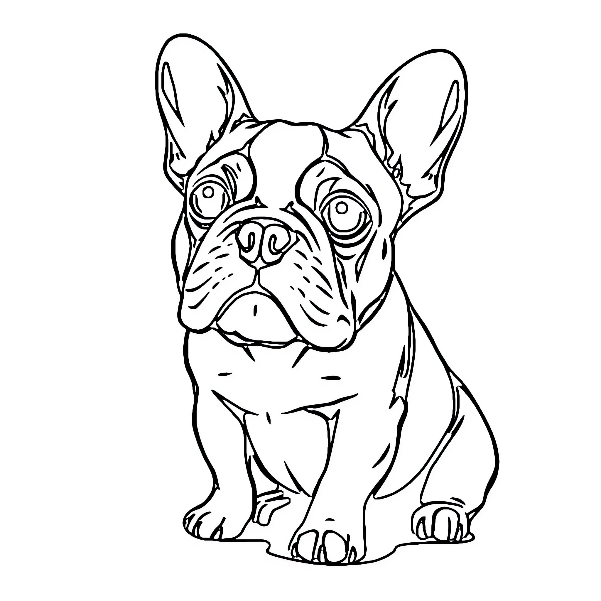 French Bulldog sitting happily Coloring Page (free black-and-white line drawing printable PDF for all, from beginners to advanced learners, including children, teens, adults, and seniors)