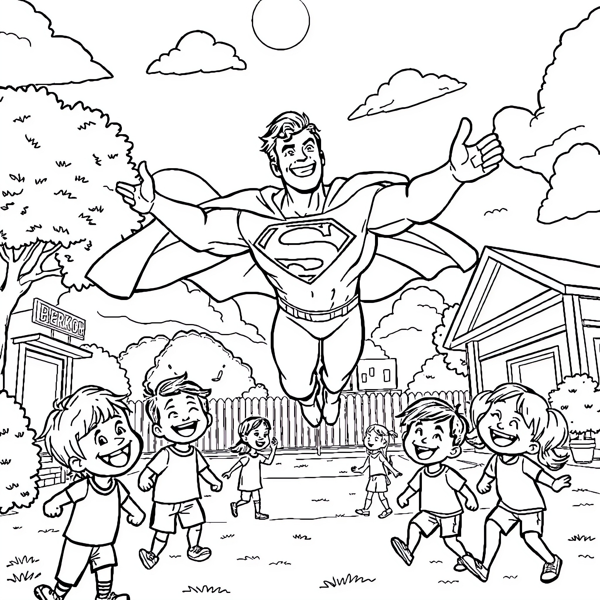 Superman's heroic flight over a joyful neighborhood Coloring Page (free black-and-white line drawing printable PDF for all, from beginners to advanced learners, including children, teens, adults, and seniors)