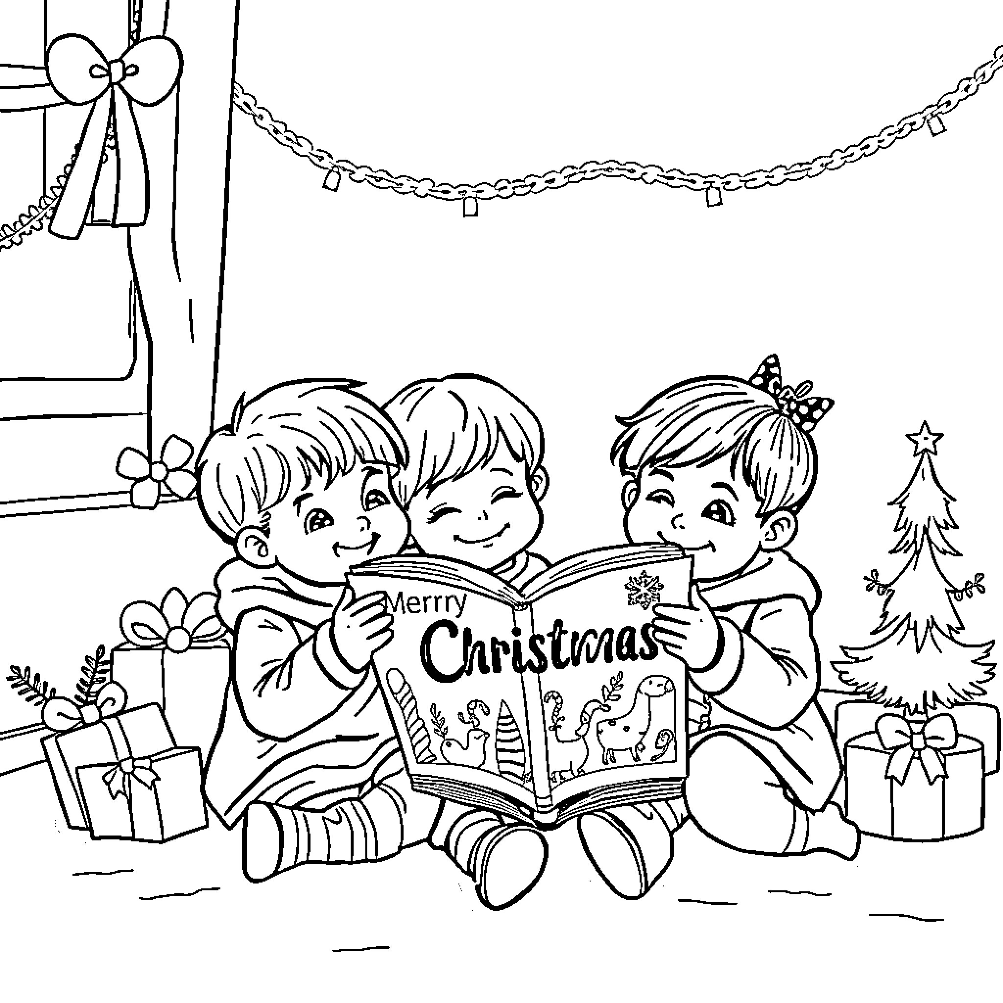 Children reading Christmas storybook together Coloring Page (free black-and-white line drawing printable PDF for all, from beginners to advanced learners, including children, teens, adults, and seniors)