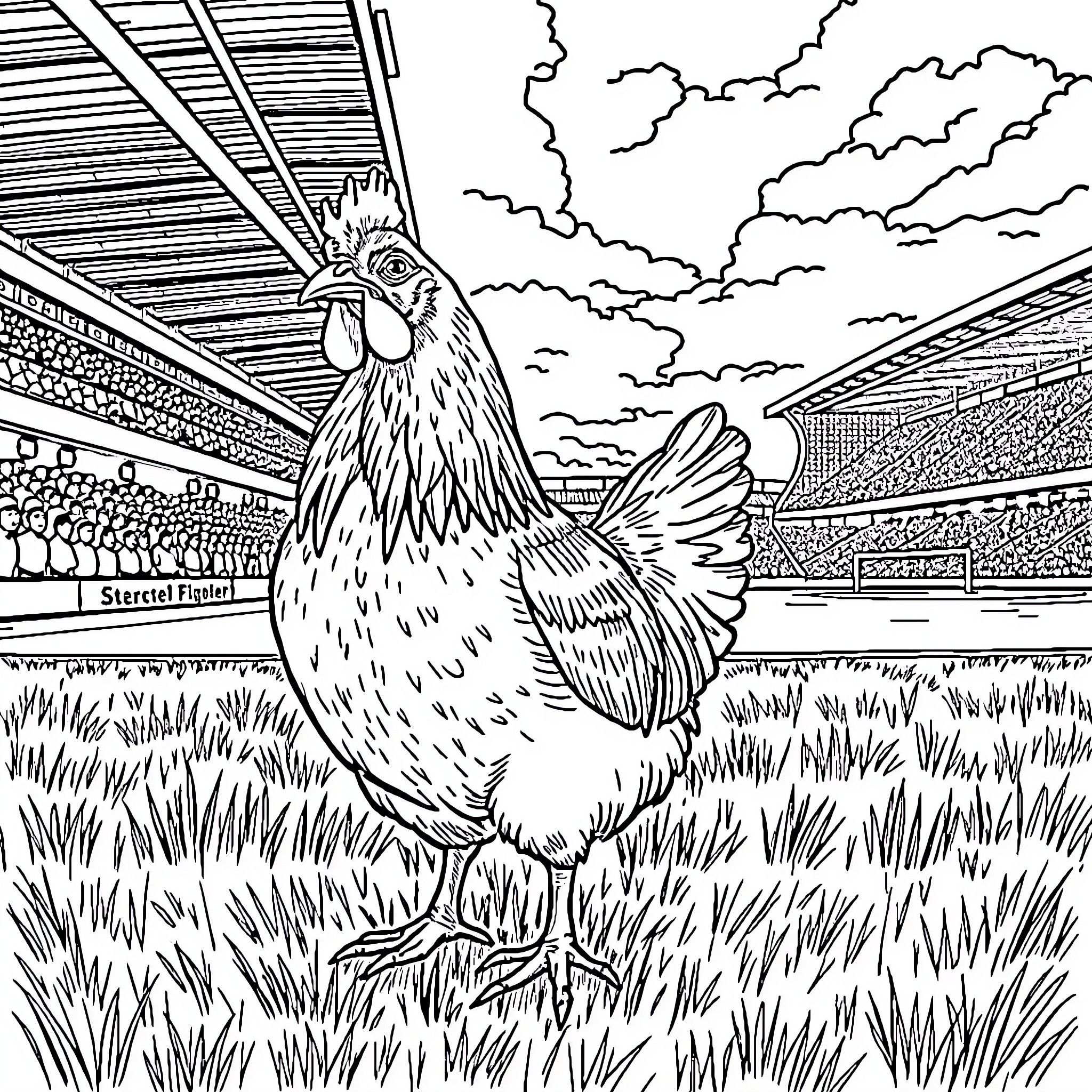 Chicken strutting in a sports stadium Coloring Page (free black-and-white line drawing printable PDF for all, from beginners to advanced learners, including children, teens, adults, and seniors)