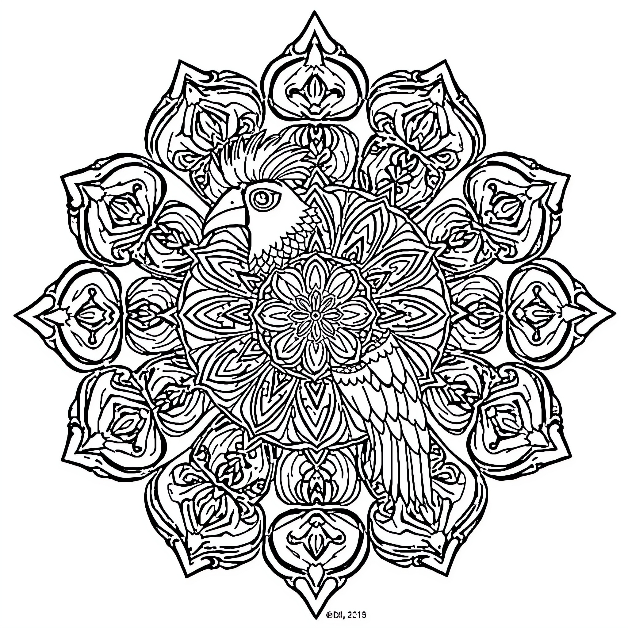 Peacock adorned in ornate floral mandala design Coloring Page (free black-and-white line drawing printable PDF for all, from beginners to advanced learners, including children, teens, adults, and seniors)