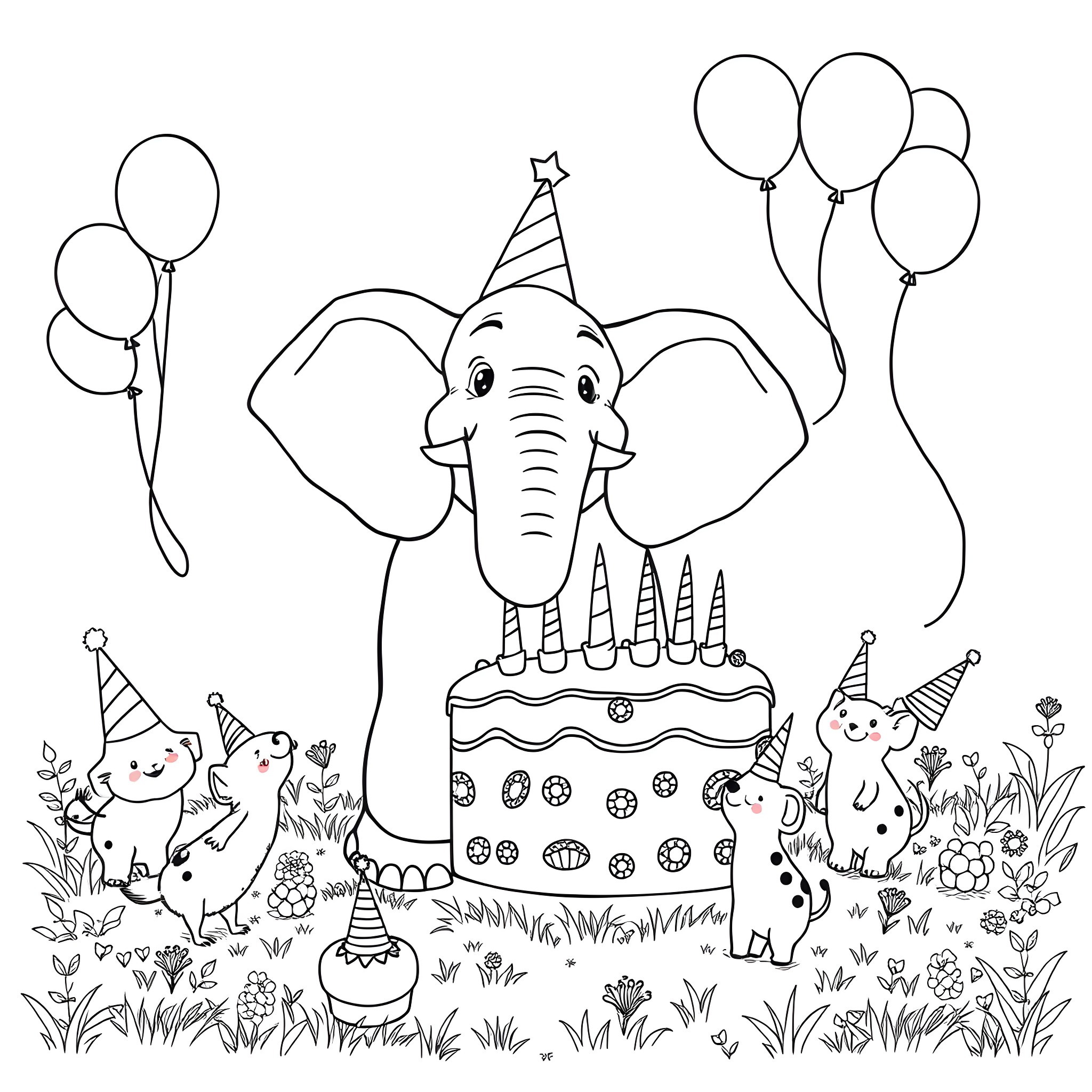 Elephant celebrating birthday with party animals Coloring Page (free black-and-white line drawing printable PDF for all, from beginners to advanced learners, including children, teens, adults, and seniors)