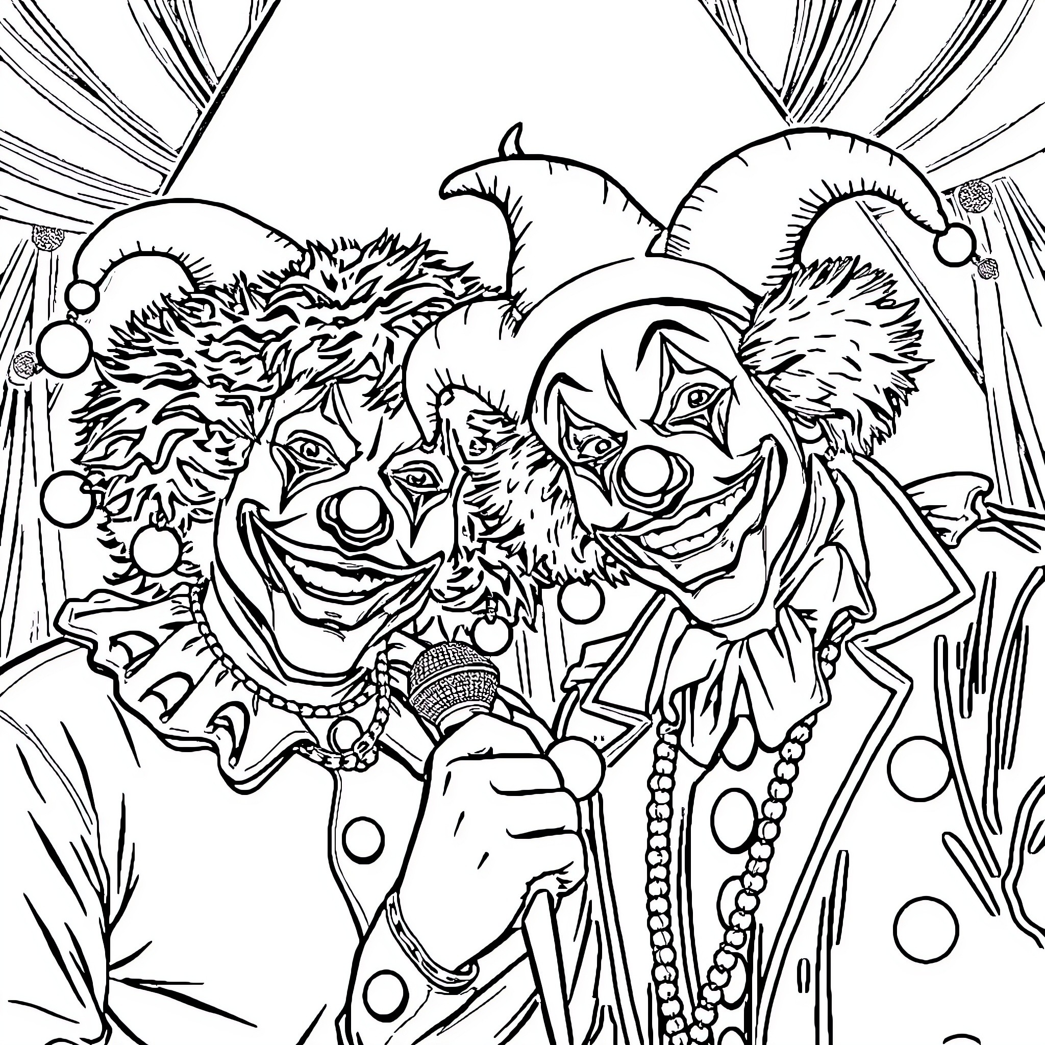 Clown performers in a theatrical setting Coloring Page (free black-and-white line drawing printable PDF for all, from beginners to advanced learners, including children, teens, adults, and seniors)