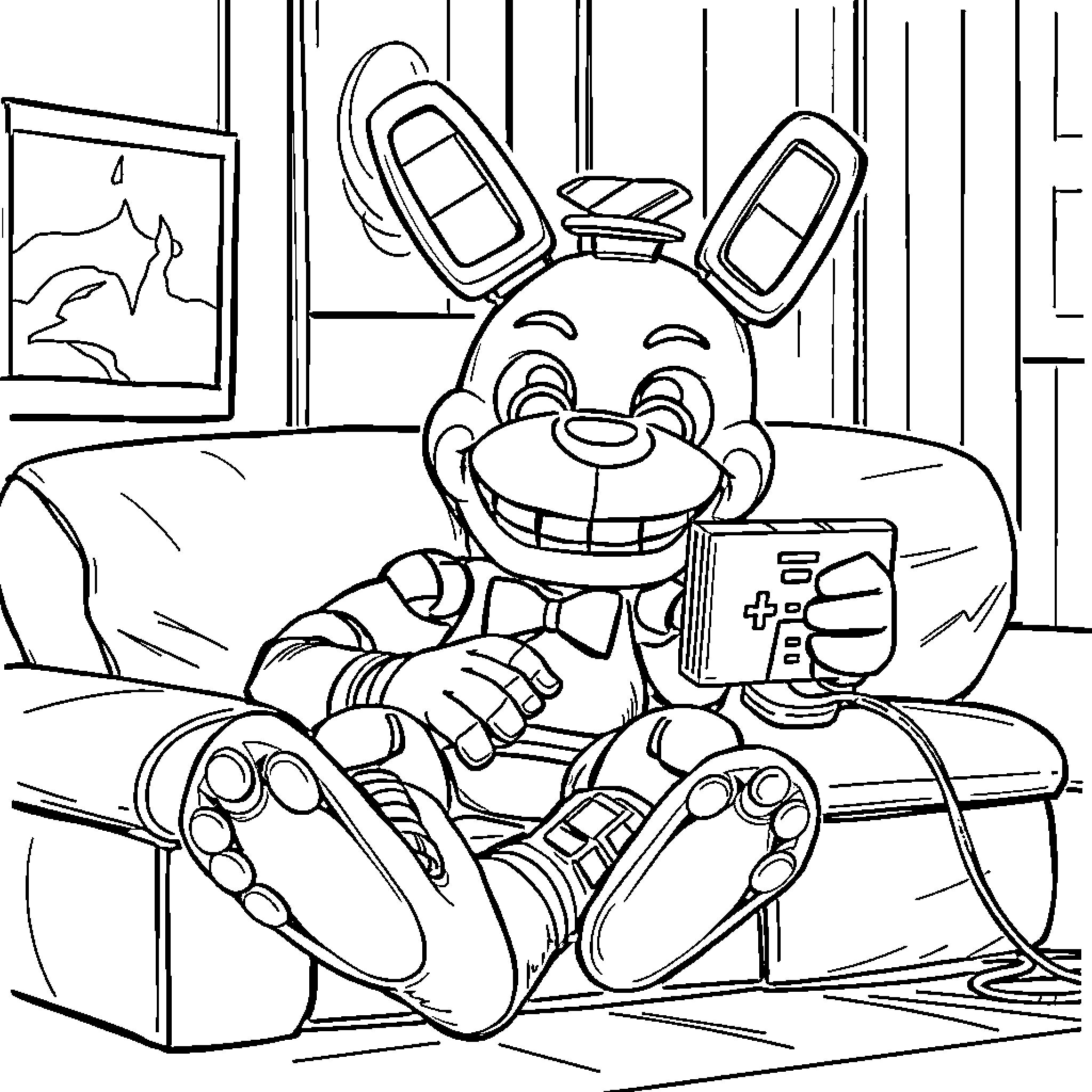 Springtrap Gaming in Cozy Room Coloring Page (free black-and-white line drawing printable PDF for all, from beginners to advanced learners, including children, teens, adults, and seniors)