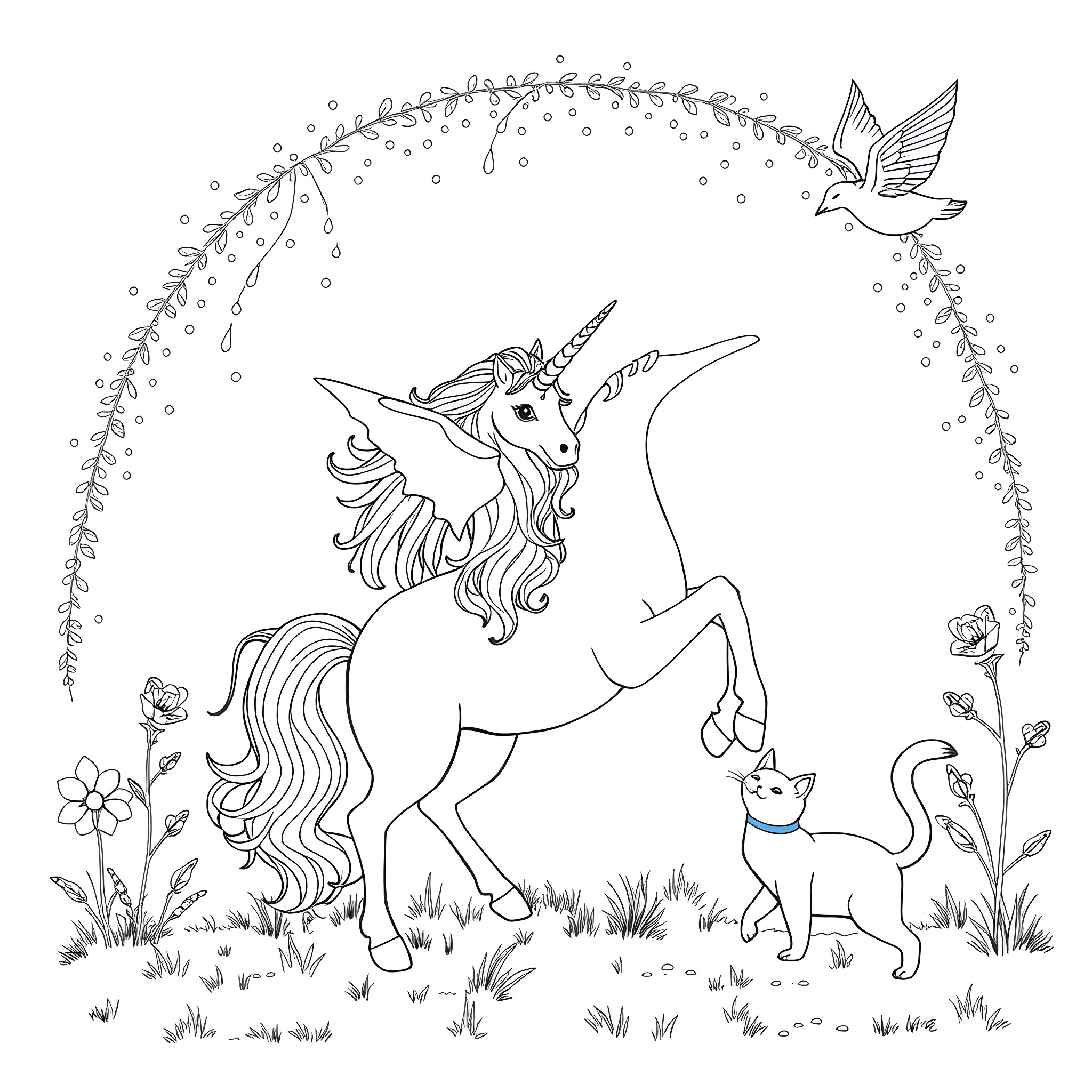 Unicorn standing among flowers and butterflies Coloring Page (free black-and-white line drawing printable PDF for all, from beginners to advanced learners, including children, teens, adults, and seniors)