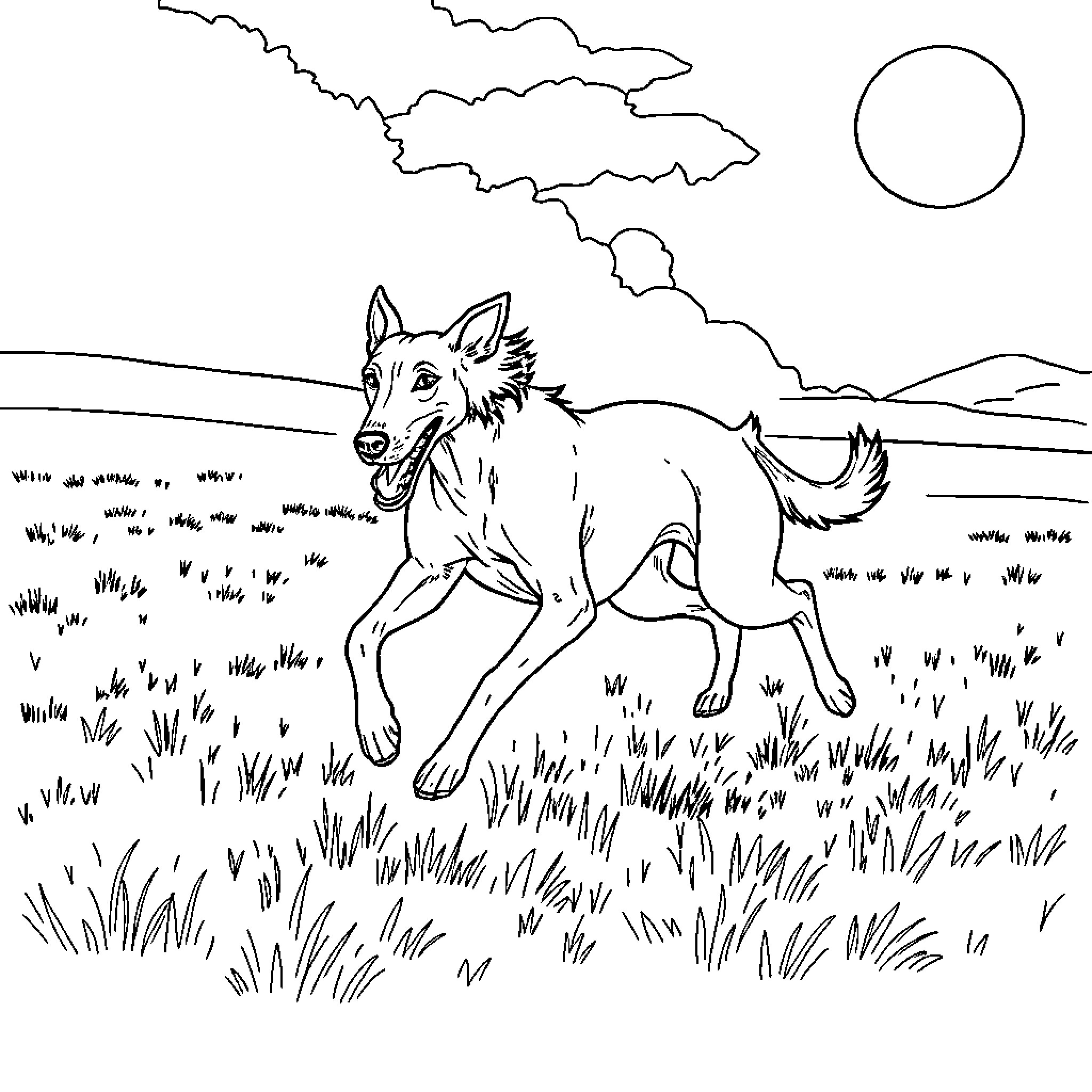 Saluki running across grassy field under cloudy sky Coloring Page (free black-and-white line drawing printable PDF for all, from beginners to advanced learners, including children, teens, adults, and seniors)