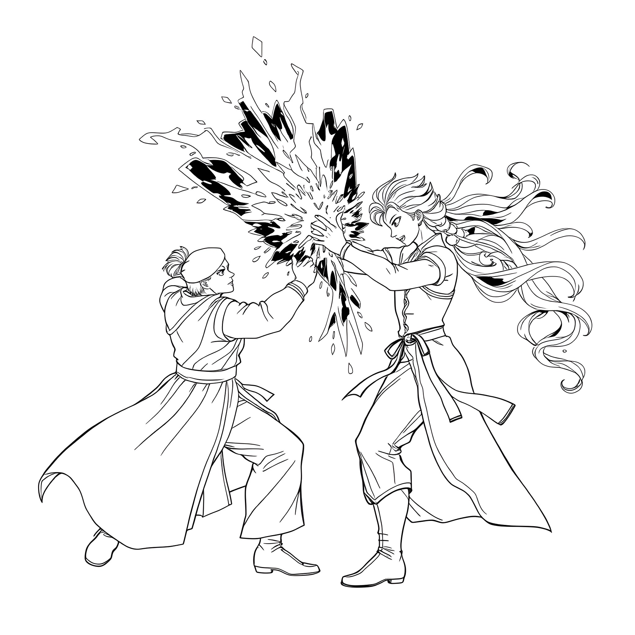 Elsa and Anna in an epic magical battle Coloring Page (free black-and-white line drawing printable PDF for all, from beginners to advanced learners, including children, teens, adults, and seniors)