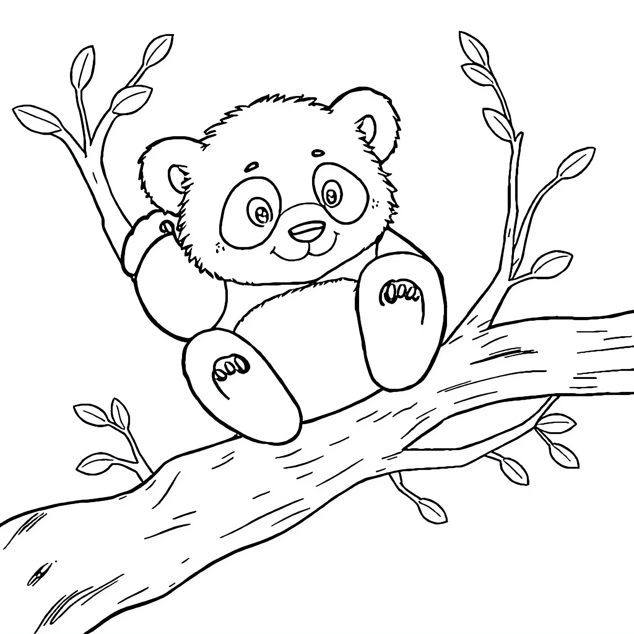 Panda relaxing on tree branch Coloring Page (free black-and-white line drawing printable PDF for all, from beginners to advanced learners, including children, teens, adults, and seniors)